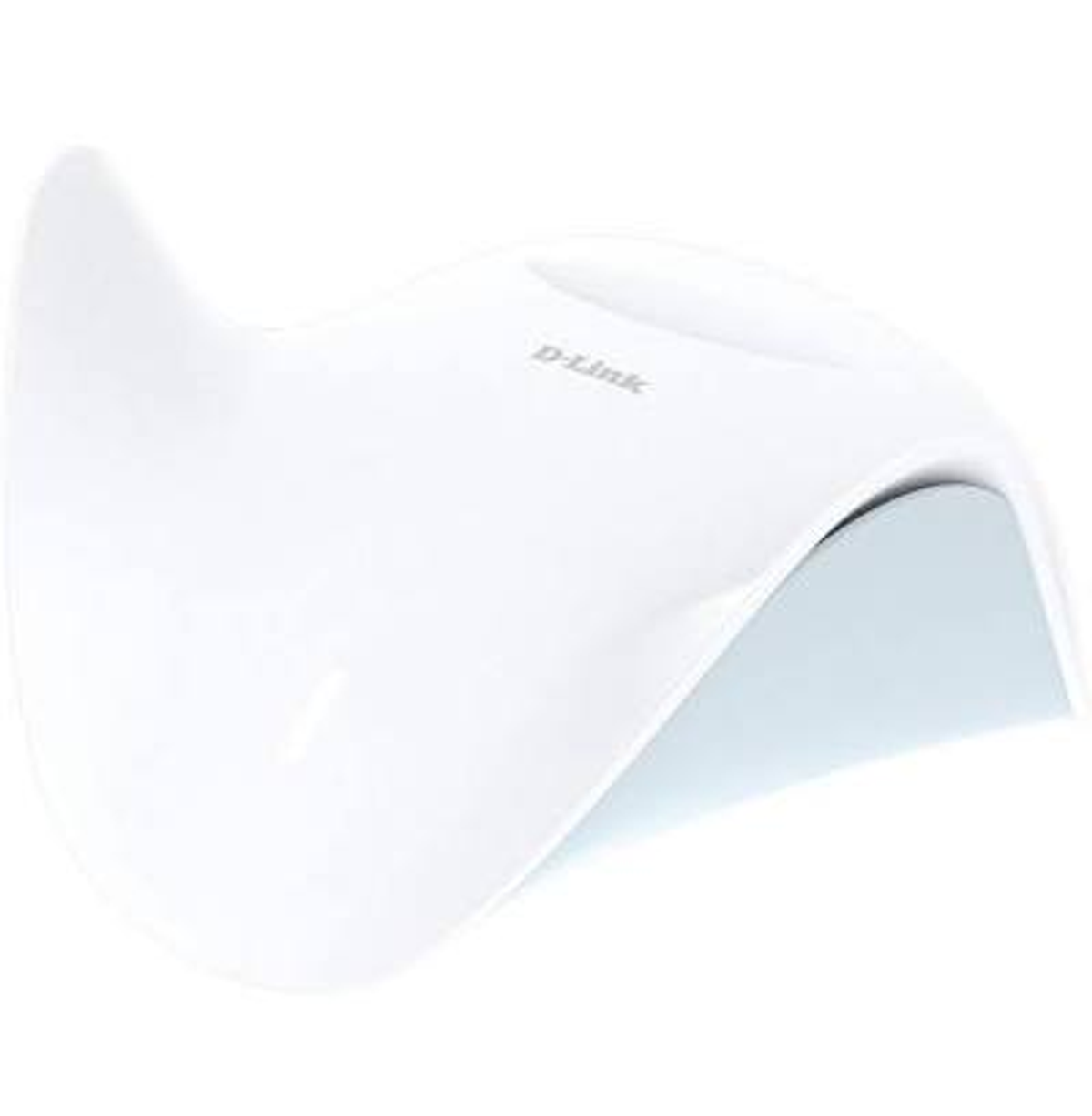 Un dispositivo D-Link bianco e curvo su sfondo bianco.