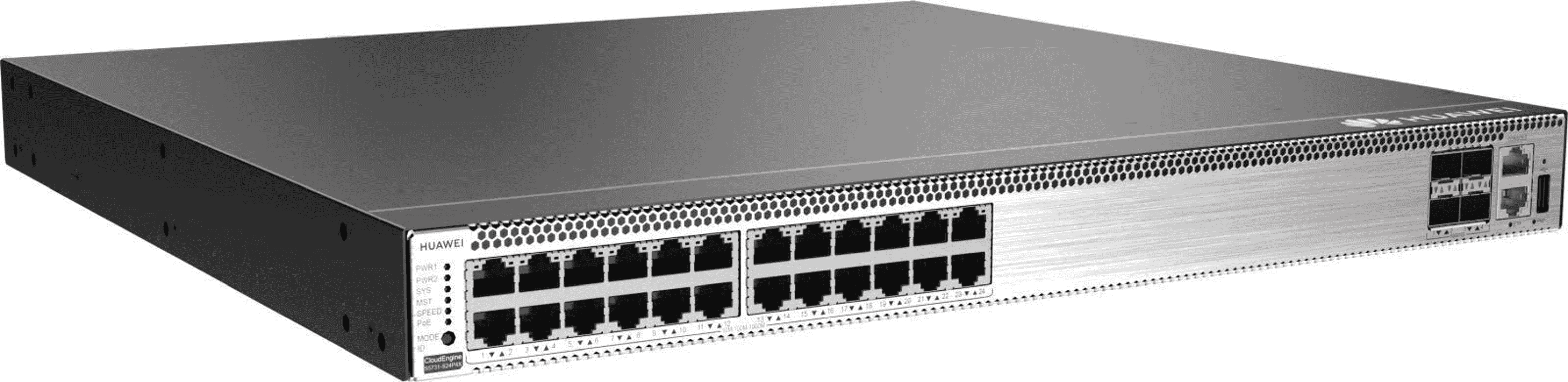 Ein schwarzer Huawei-Netzwerk-Switch mit mehreren Ethernet-Anschlüssen und silberner Frontplatte vor weißem Hintergrund.