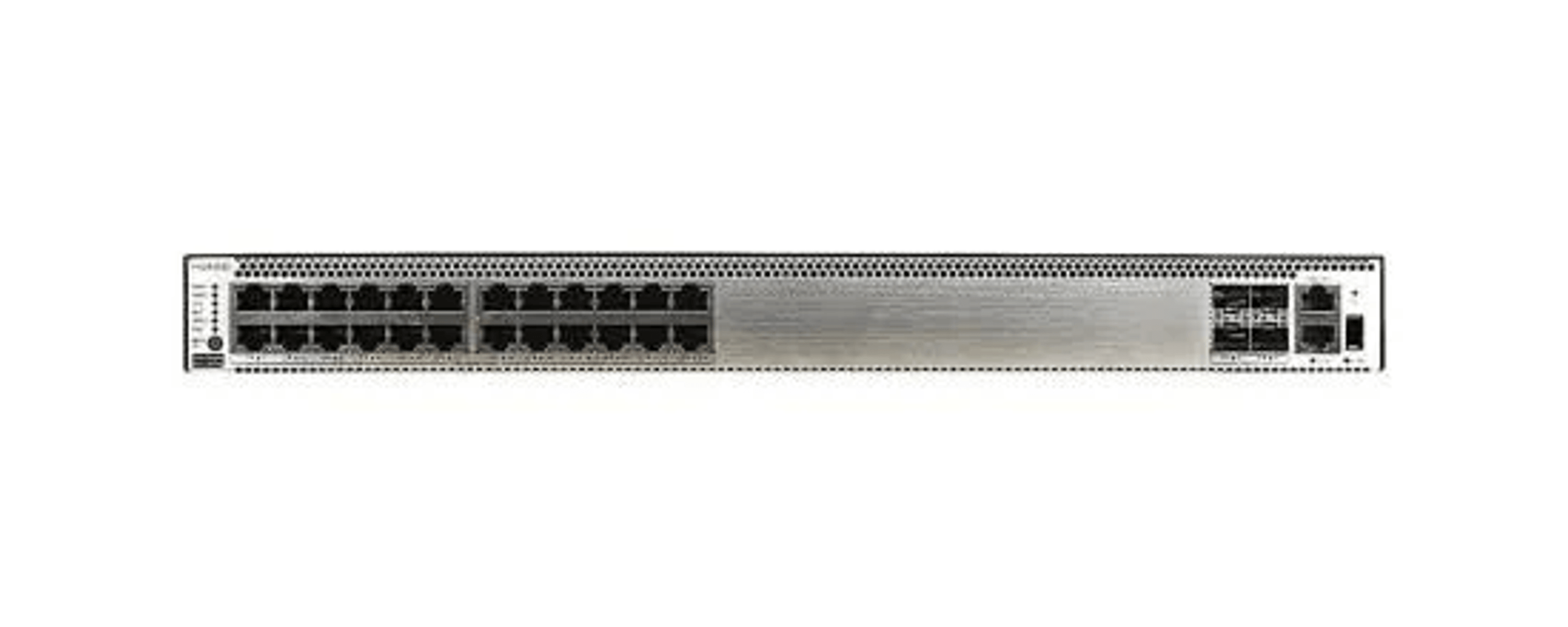 Ein silberner Netzwerk-Switch mit mehreren Ports und Statusanzeigen auf weißem Hintergrund.