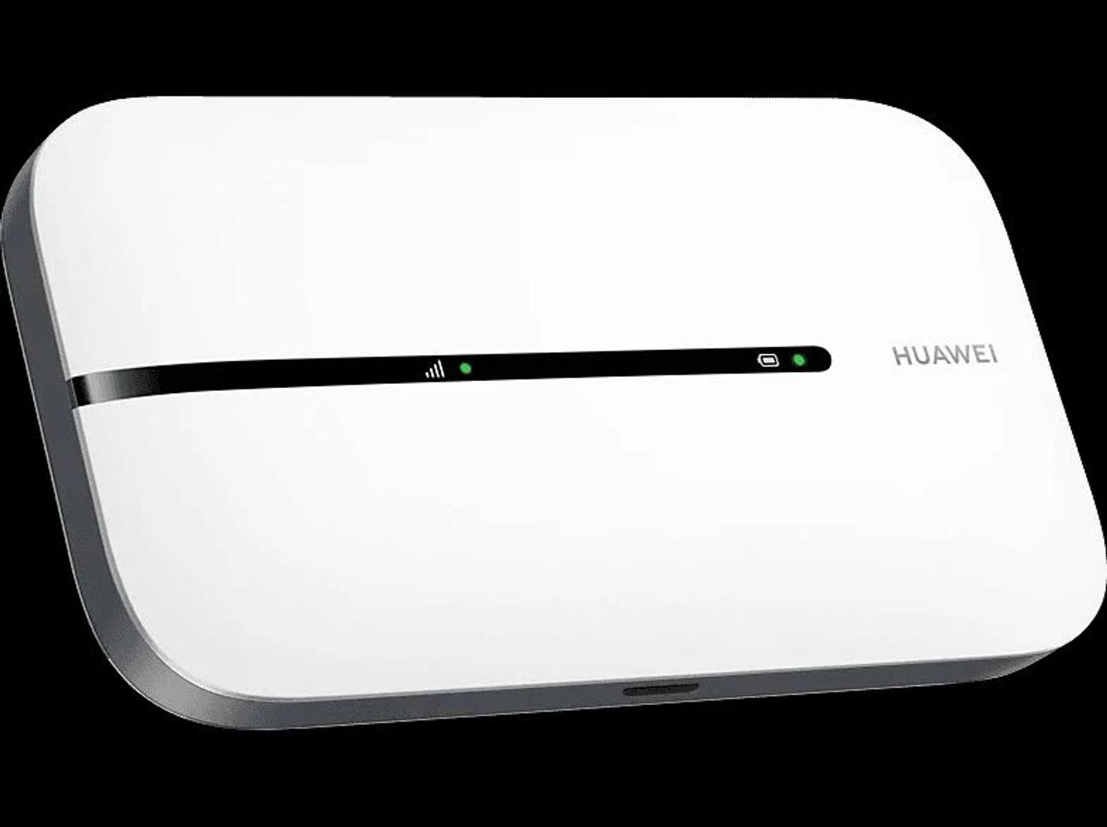 Ein weißer mobiler Huawei-Router mit einer schwarzen Akzentleiste und zwei leuchtenden grünen LEDs vor schwarzem Hintergrund.
