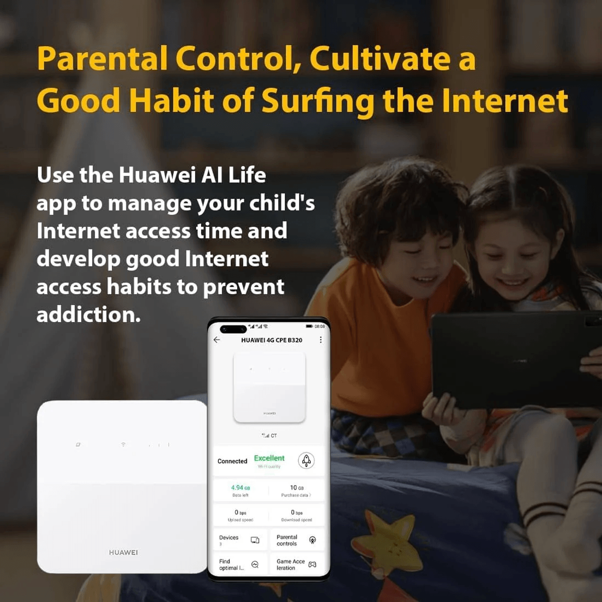 Dwoje dzieci uśmiecha się patrząc na tablet, obok routera Huawei i interfejsu aplikacji w telefonie.