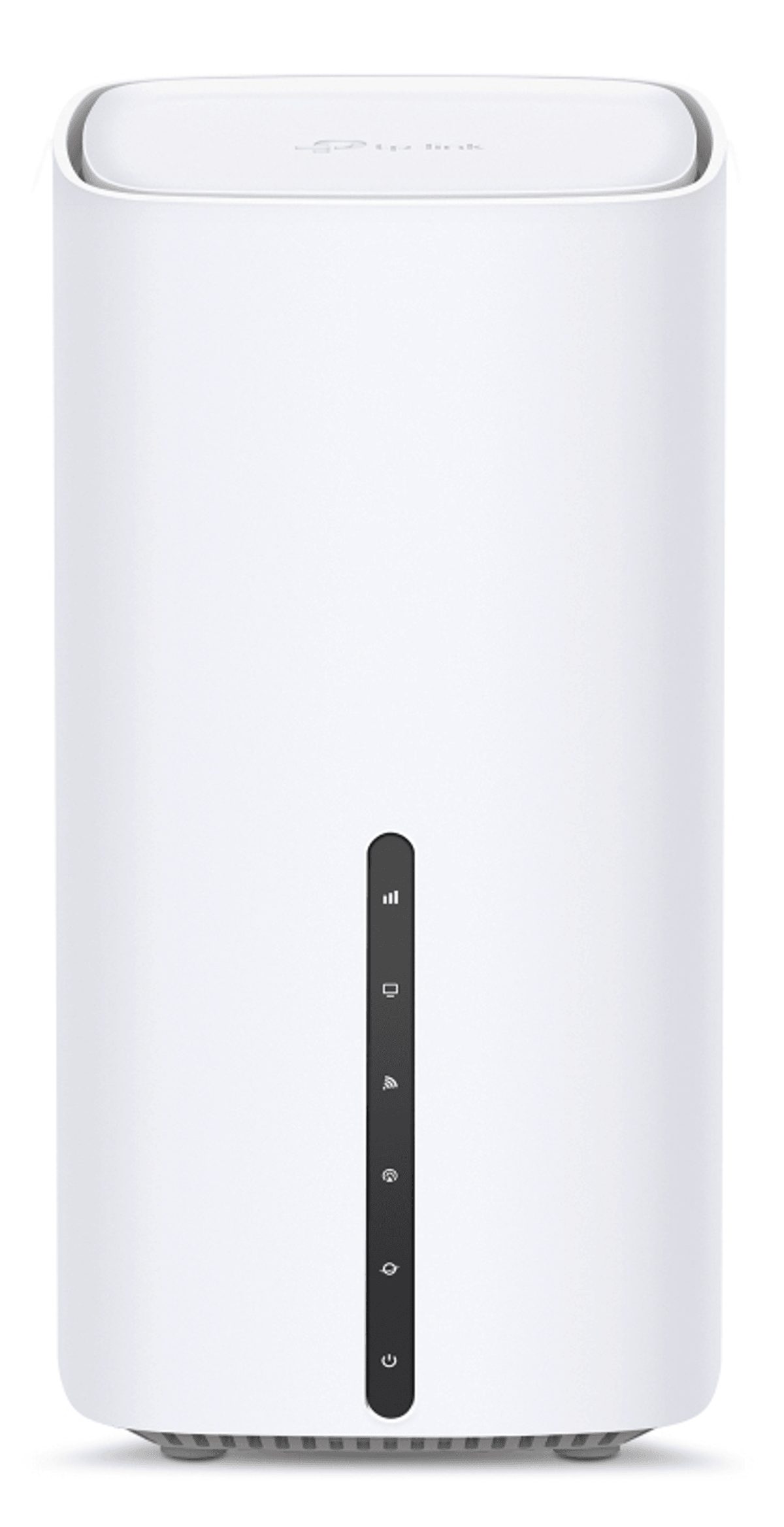 Un router Wi-Fi mesh TP-Link bianco con una striscia LED nera verticale sulla parte anteriore.