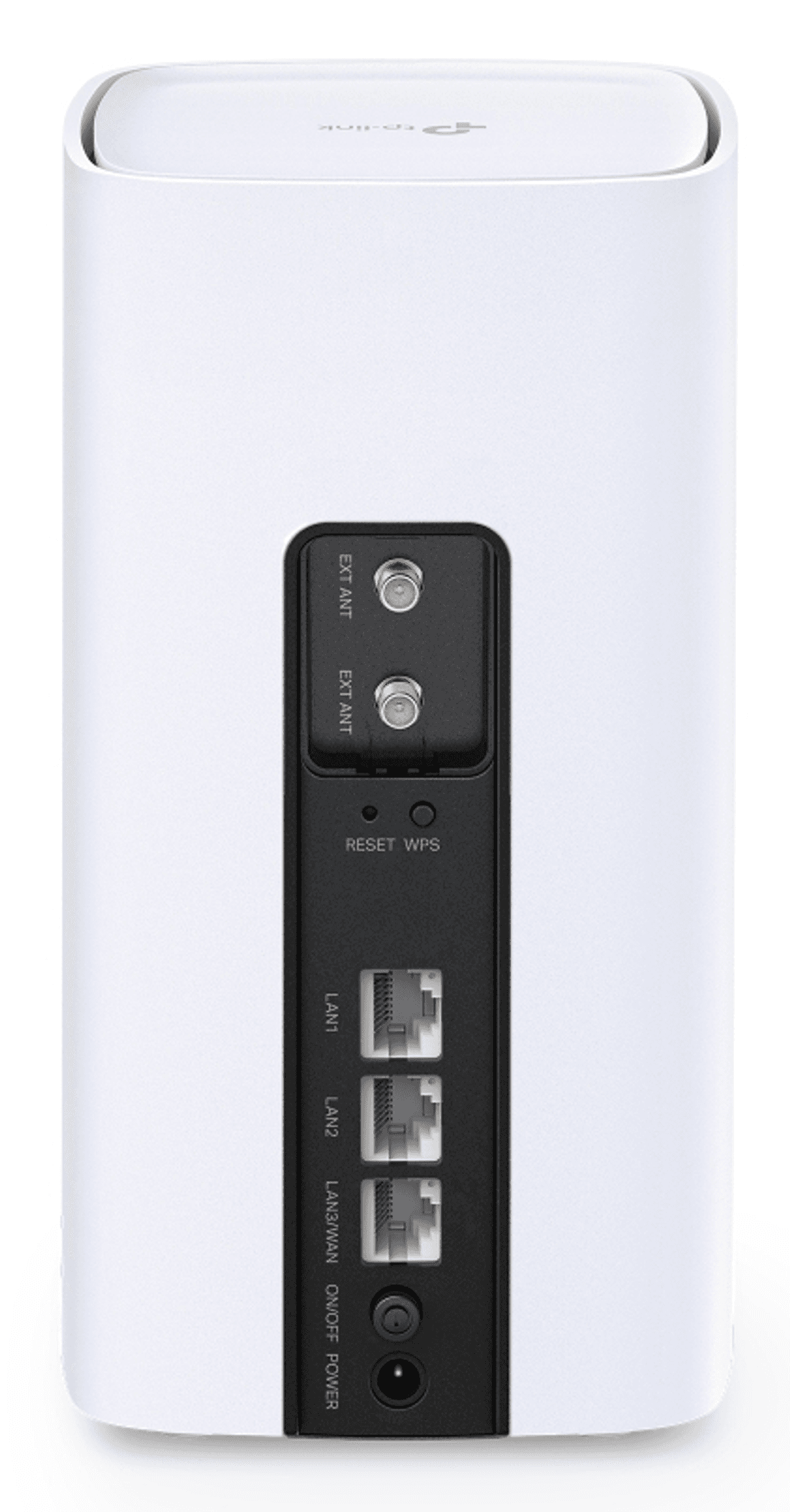 Router Wi-Fi bianco con pannello porte nero sul retro, inclusi porte LAN e connettori per antenna.