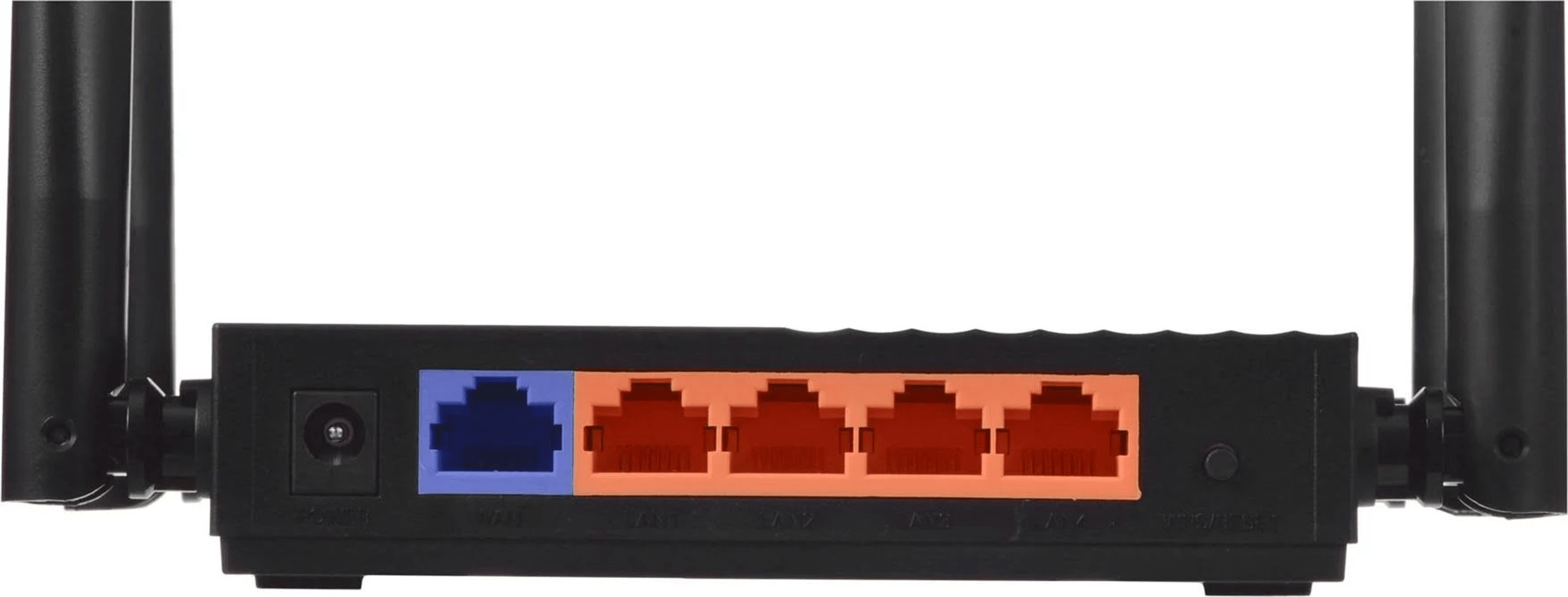 Retro di un router nero con una porta WAN blu, quattro porte LAN arancioni e due antenne.