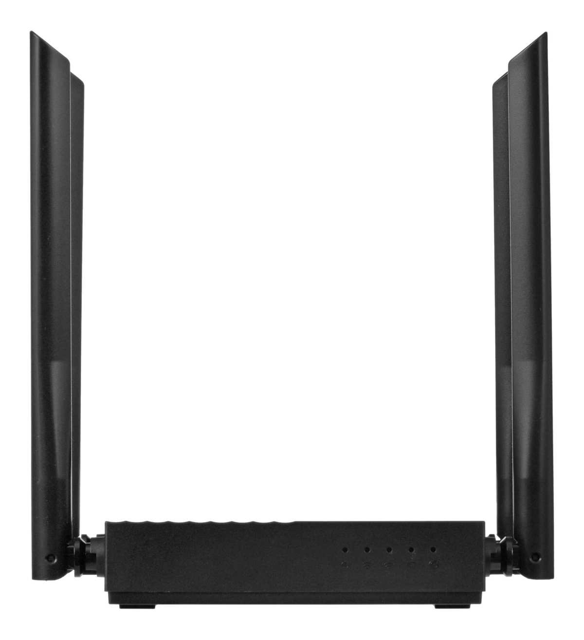 Un router Wi-Fi nero con due antenne verticali e piccole spie LED sul davanti su sfondo bianco.