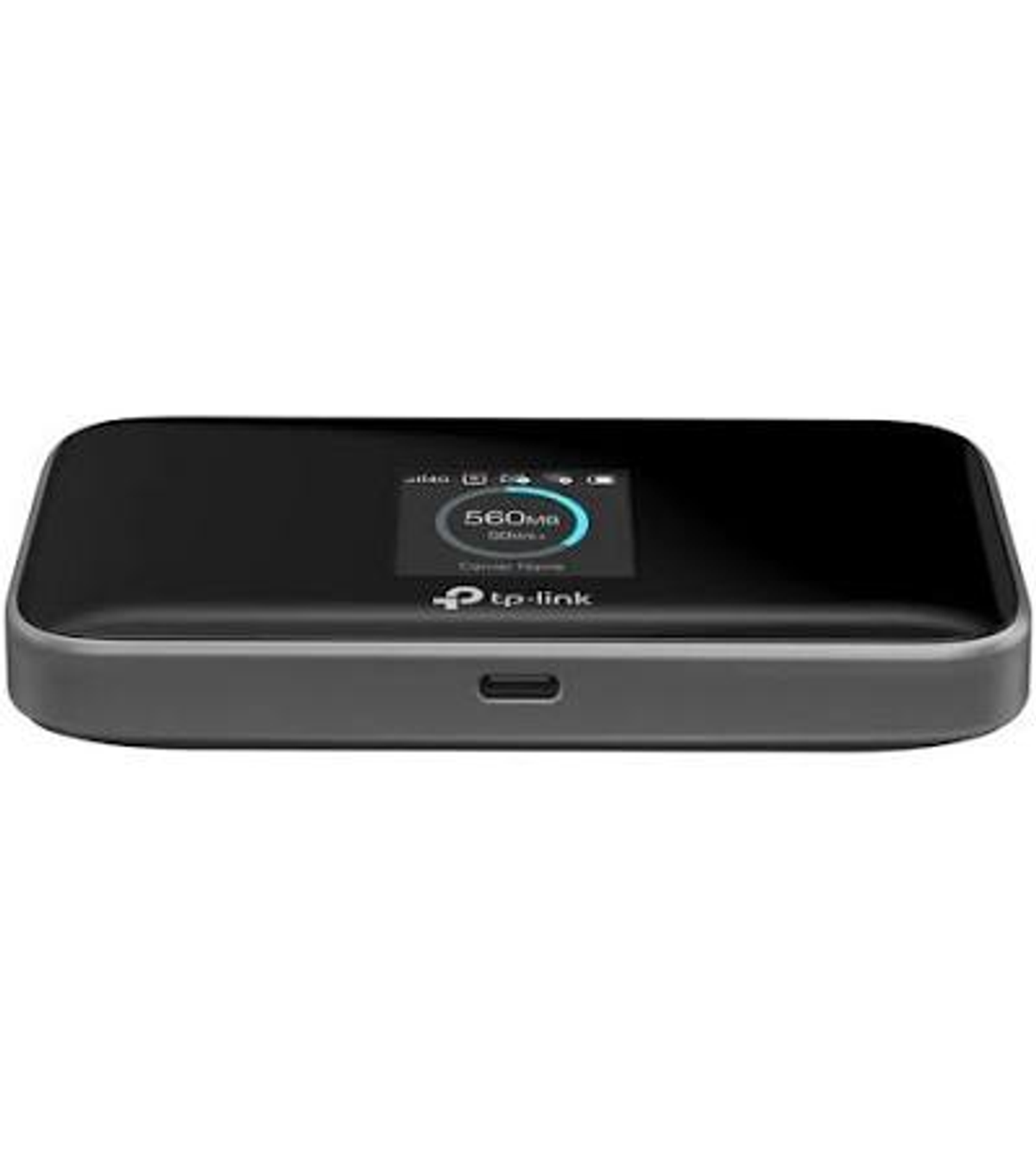 Router Wi-Fi portátil TP-Link negro con pantalla digital y puerto USB-C en la parte delantera.