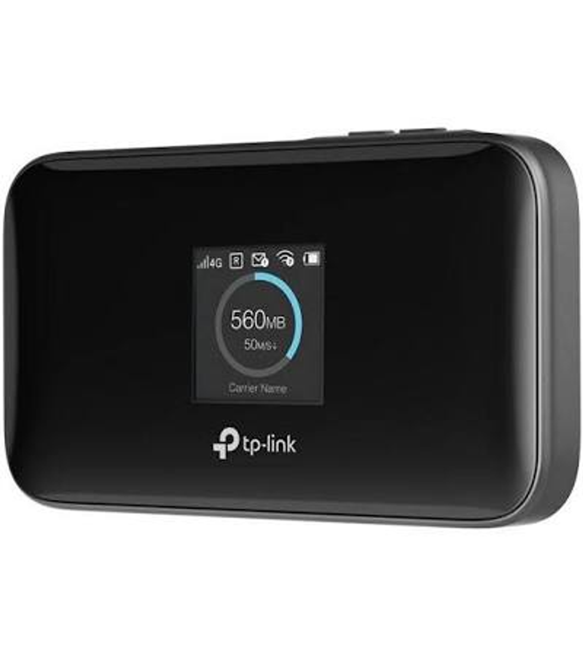 Un enrutador Wi-Fi móvil TP-Link negro con una pequeña pantalla digital que muestra el uso de datos y la señal.