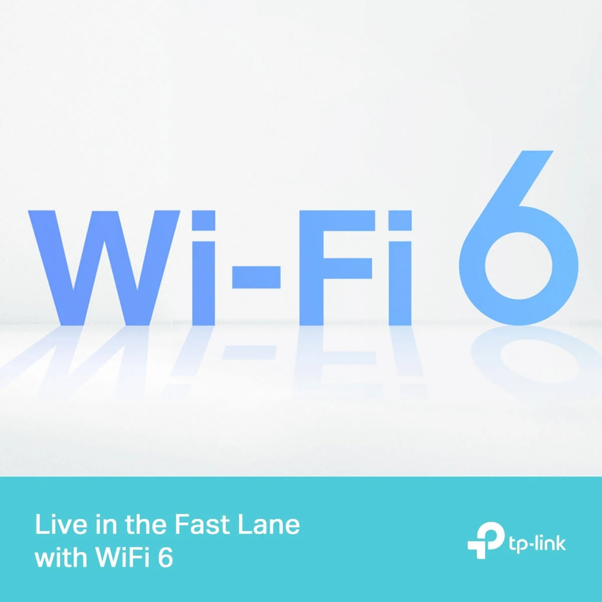 Le parole blu Wi-Fi 6 su sfondo chiaro con il logo TP-Link in basso a sinistra.