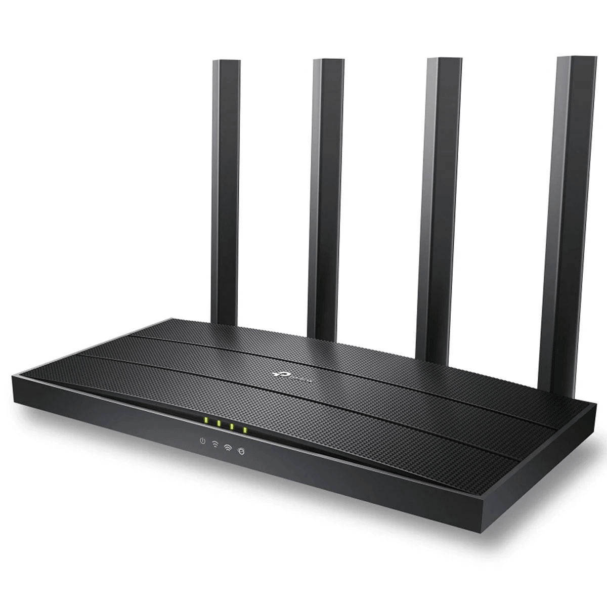 Un router Wi-Fi nero con quattro antenne verticali e spie di stato verdi su una superficie bianca.