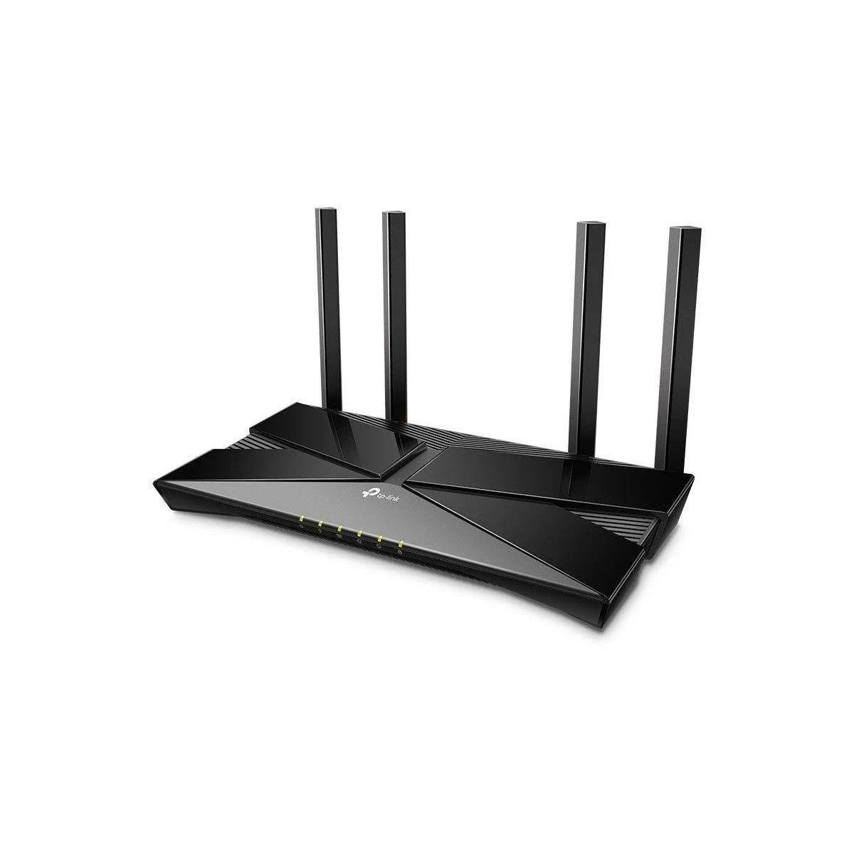 Router Wi-Fi TP-Link negro con cuatro antenas verticales y luces LED de estado en el frente.