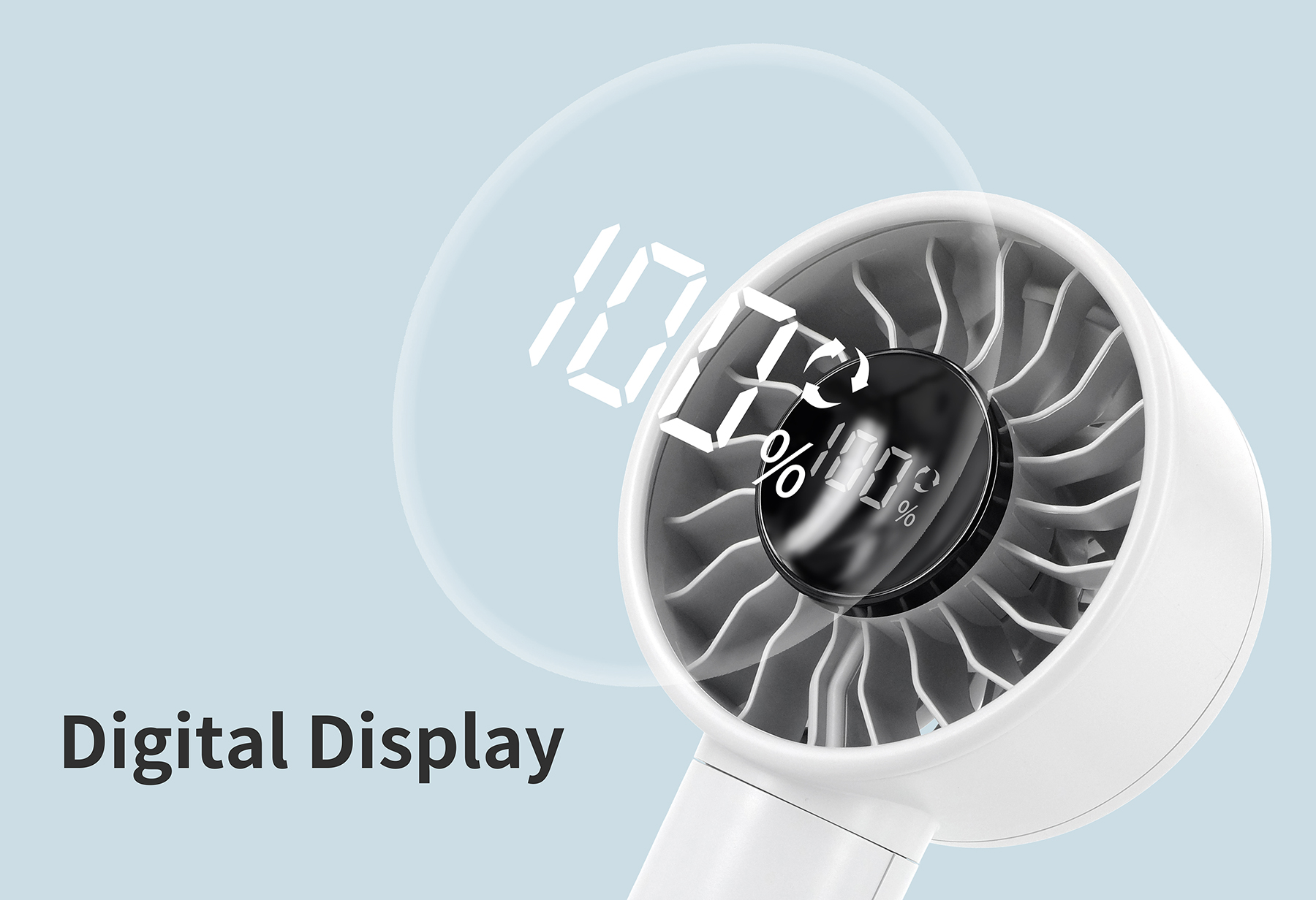 Ein weißer Handventilator mit digitaler Anzeige und der Aufschrift Digital Display vor hellem Hintergrund.