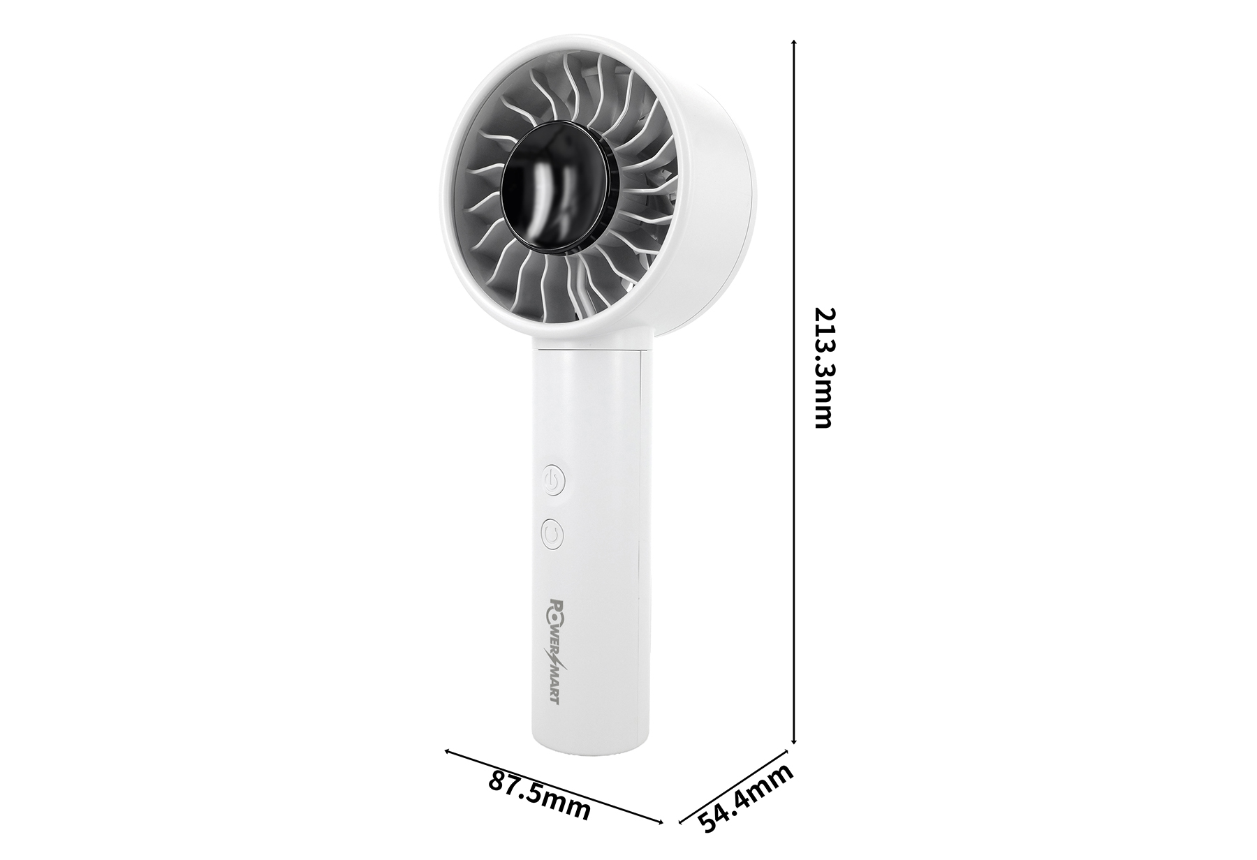 Ein weißer Handventilator mit Abmessungen auf weißem Hintergrund.