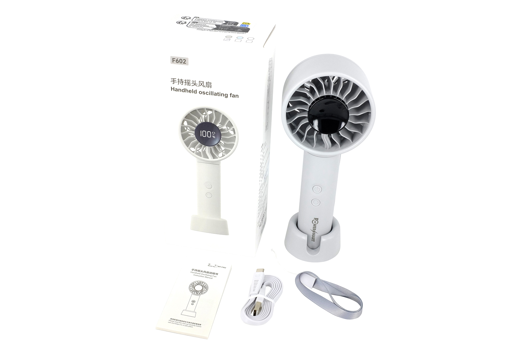 Ein weißer Hand-Oszillationsventilator mit Verpackung, Ladekabel, Trageband und Bedienungsanleitung.