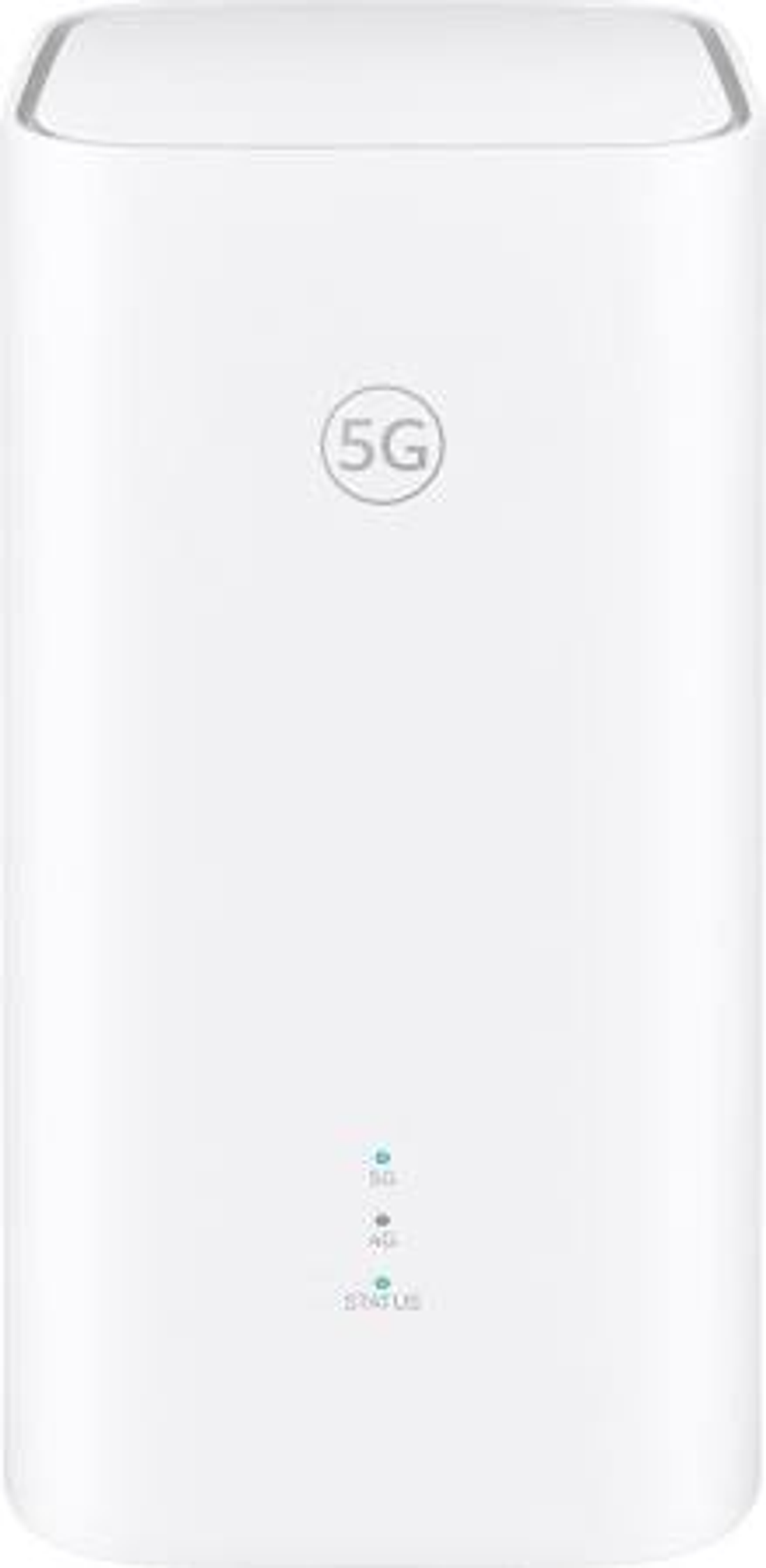 Biały router 5G z zaokrąglonymi rogami, wytłoczonym logo 5G i lampkami kontrolnymi stanu z przodu.