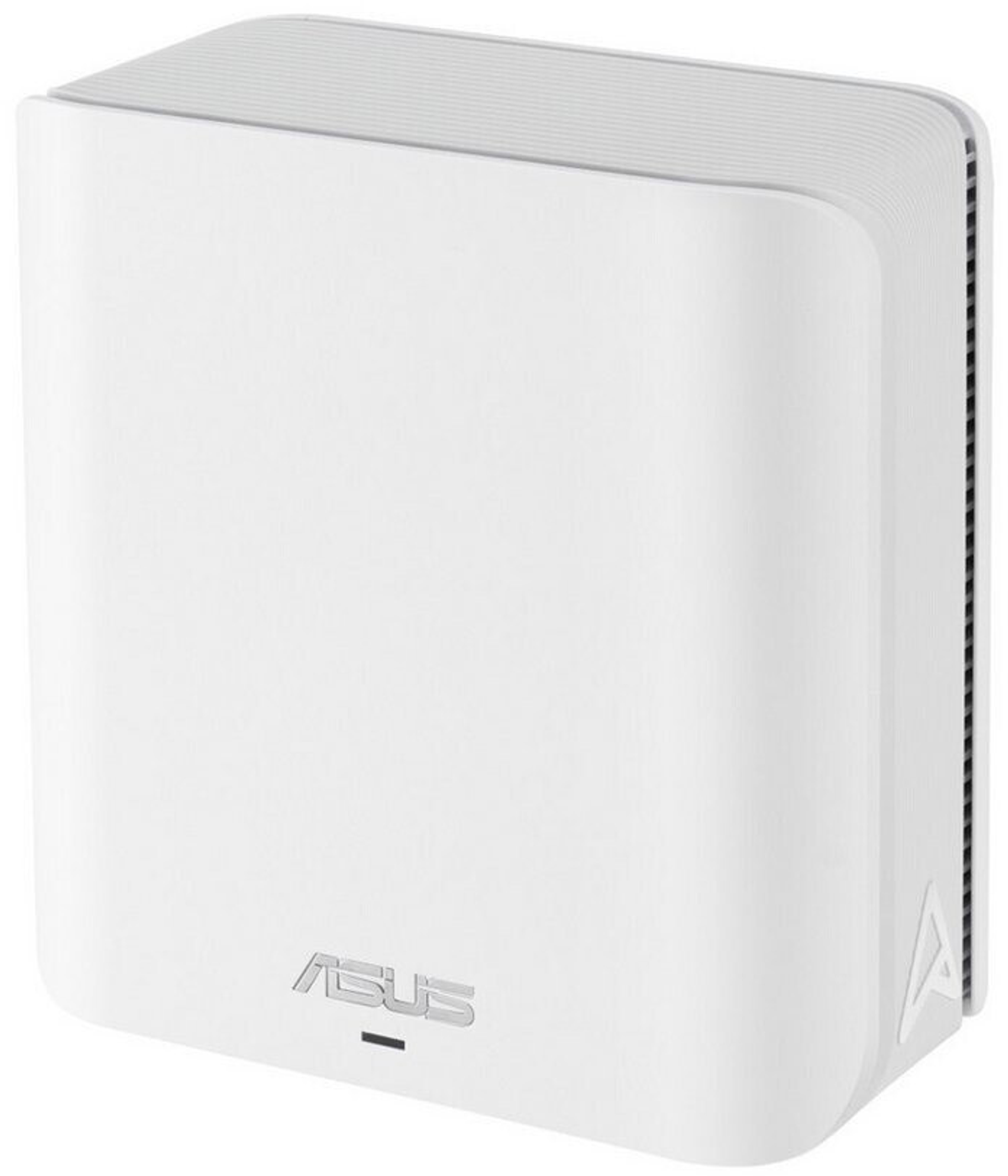 Un router Wi-Fi Asus bianco e compatto con angoli arrotondati e un logo argentato.