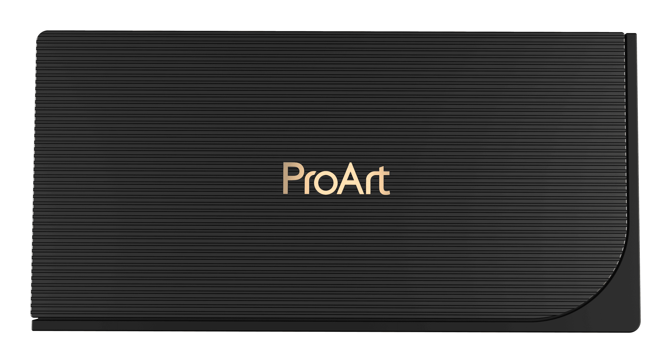 Dispositivo ProArt nero con superficie scanalata e logo dorato.