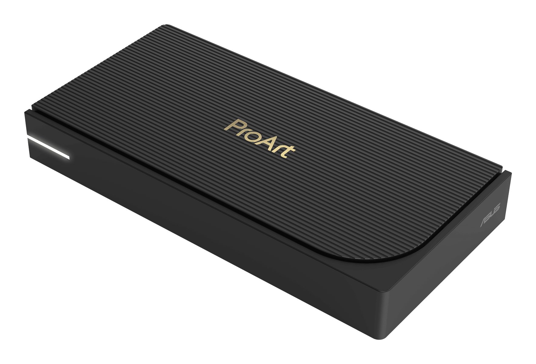 SSD esterno nero e scanalato con scritta ProArt dorata su sfondo bianco.