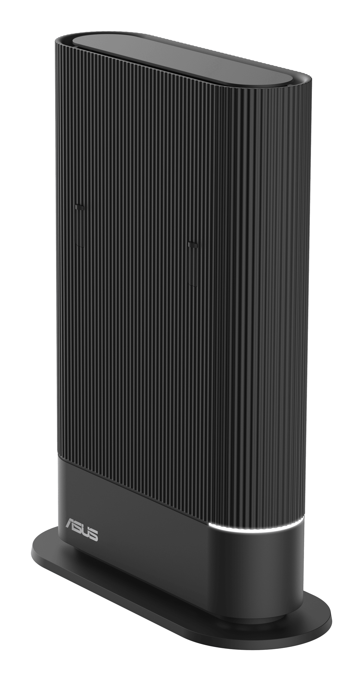 Router wireless Asus nero con scanalature verticali su una base ovale e una striscia di luce LED bianca.