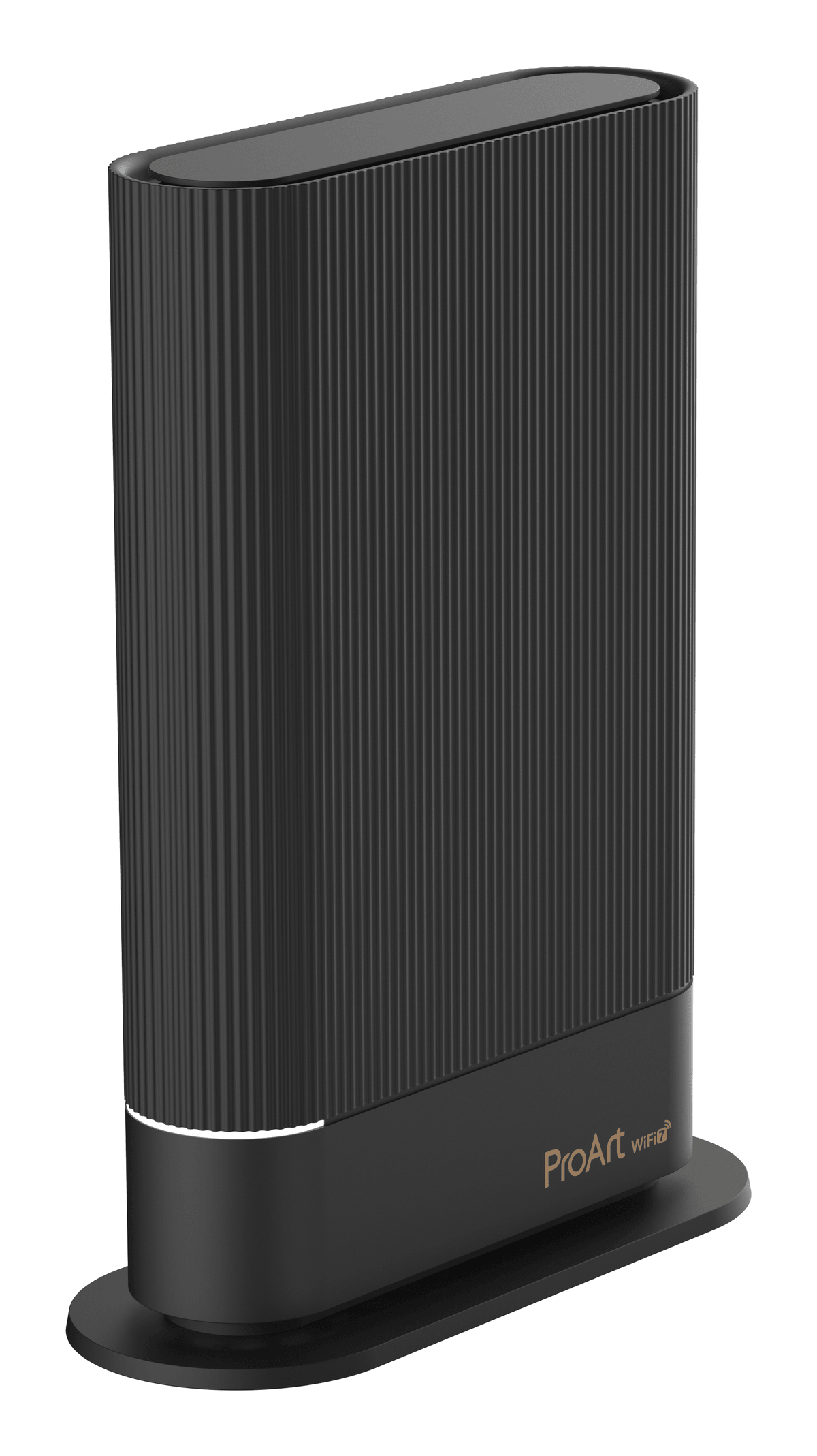 Un router ProArt WiFi 7 nero con coste verticali si trova su una base.