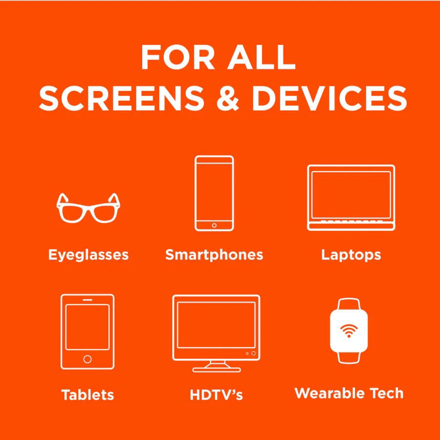 Sfondo arancione con testo bianco e icone per occhiali, smartphone, laptop, tablet, TV HD e tecnologia indossabile.