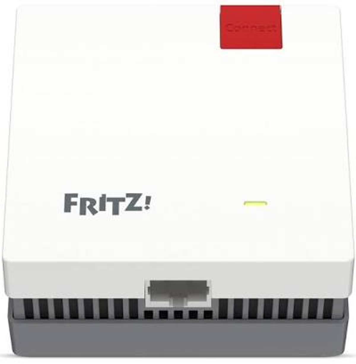 Un ripetitore FRITZ! bianco con un pulsante rosso e una spia di stato gialla su sfondo bianco.