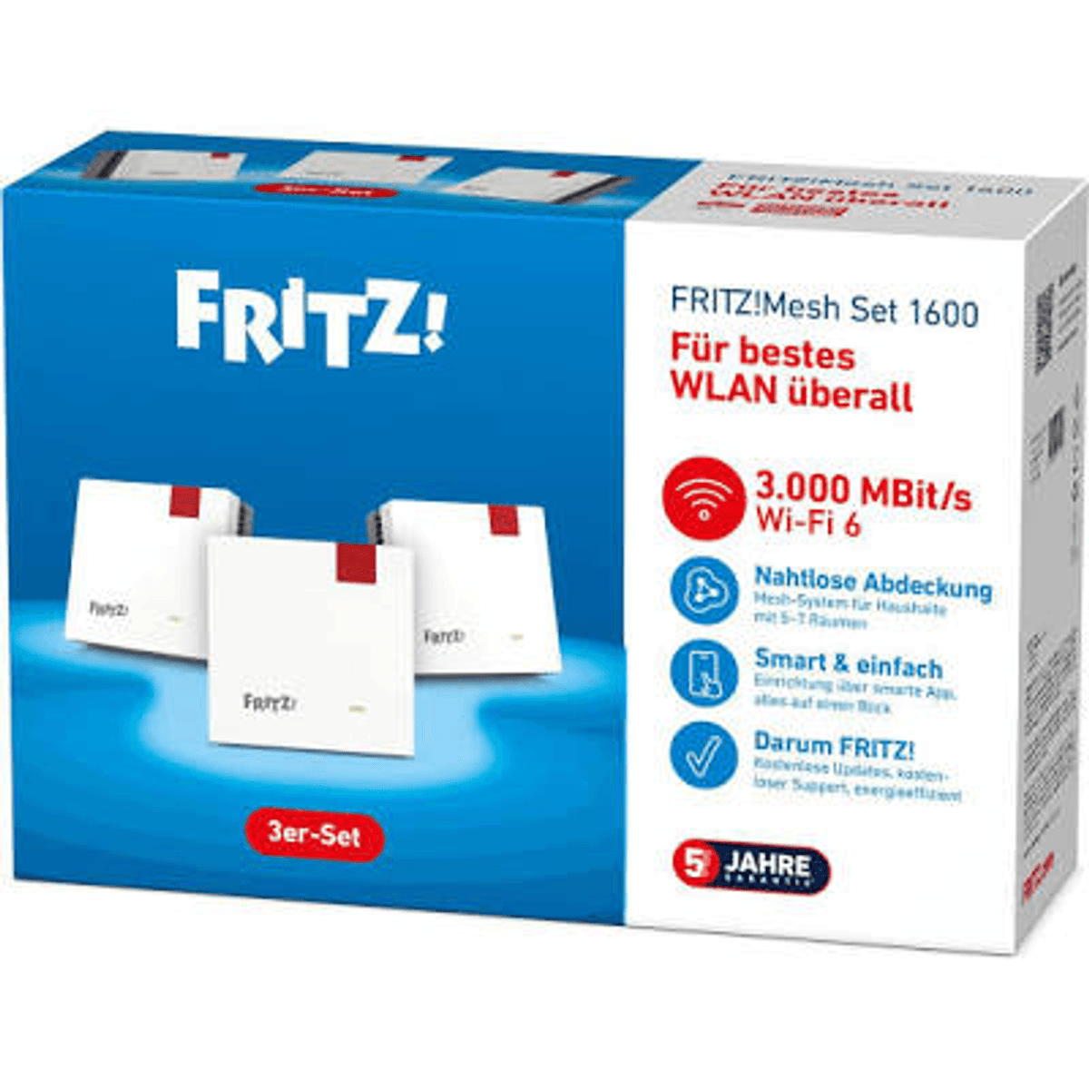 Confezione di un FRITZ! Mesh Set 1600 con tre router bianchi su sfondo blu e bianco.