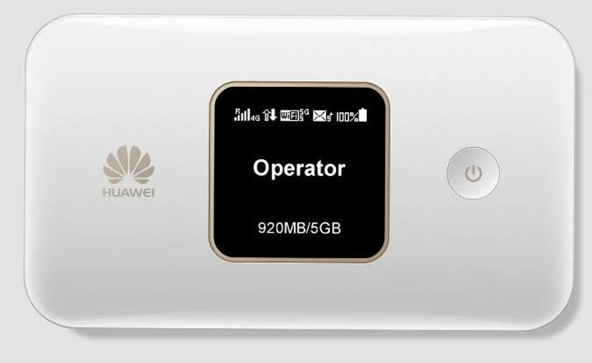 Un router Wi-Fi mobile Huawei bianco con uno schermo centrale che mostra l'operatore e l'utilizzo dei dati.
