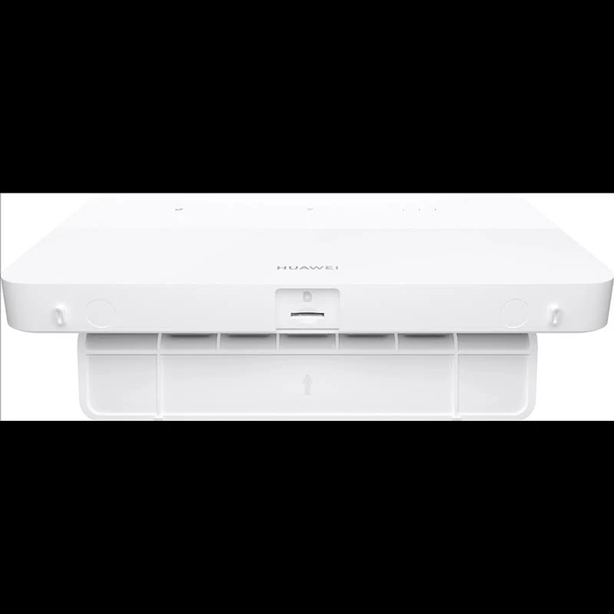 Un dispositivo Huawei bianco con involucro piatto, feritoie di ventilazione e logo del marchio su sfondo nero.