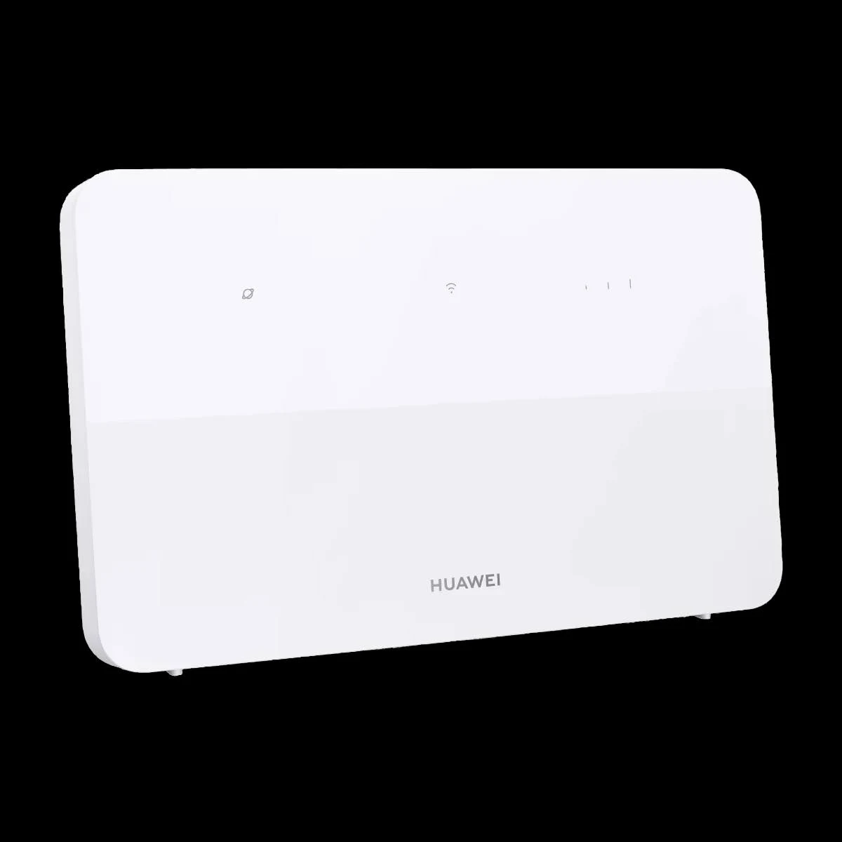 Un router Wi-Fi Huawei bianco è mostrato su sfondo nero.