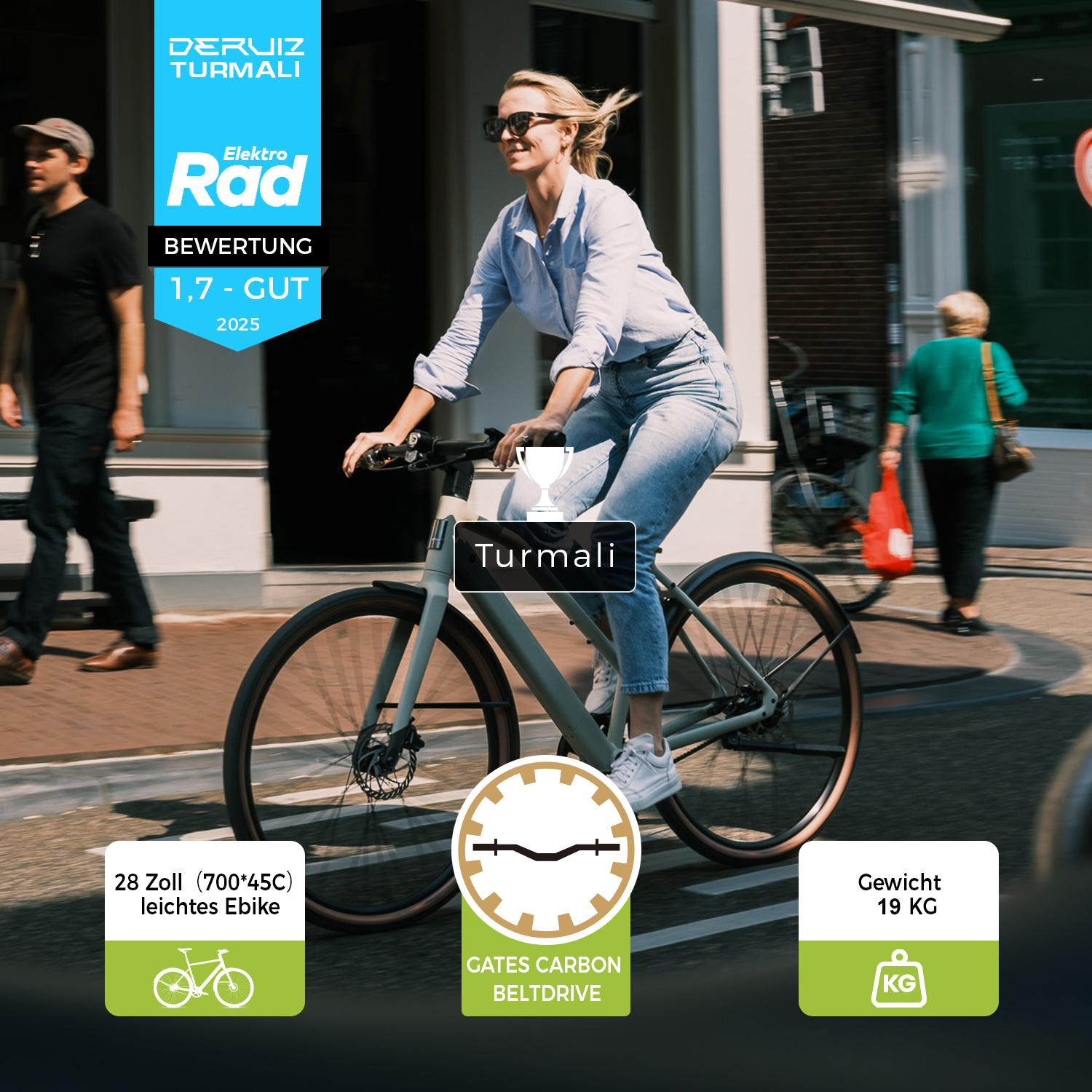 Eine blonde Frau radelt auf einem hellen Elektrofahrrad durch die Stadt, flankiert von Infografiken.