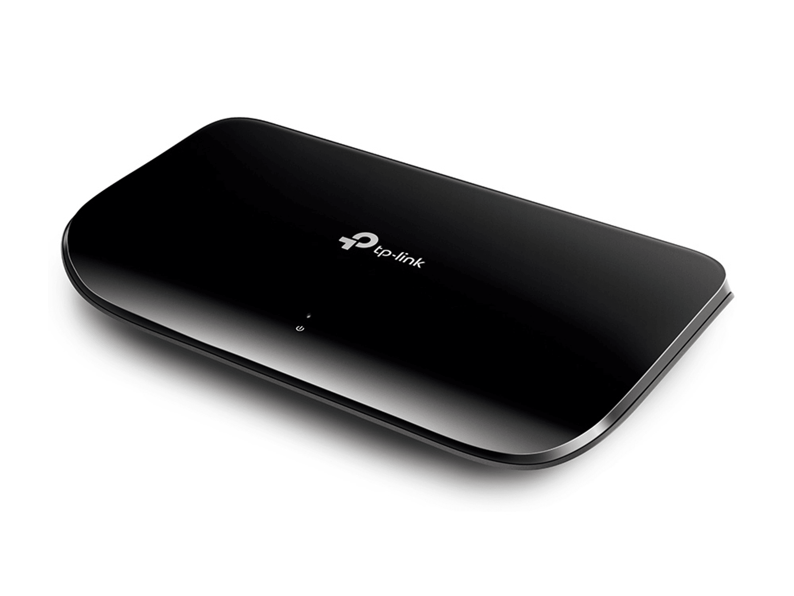 Router TP-Link nero con finitura lucida e logo bianco su sfondo bianco.