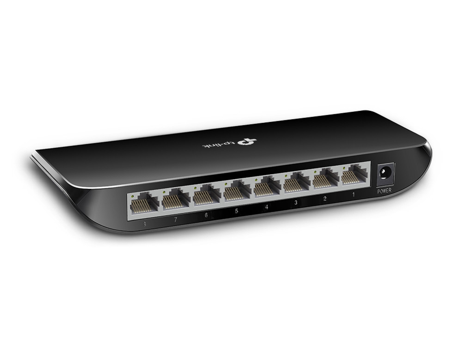Uno switch di rete TP-Link nero con otto porte Ethernet e un ingresso di alimentazione su sfondo bianco.