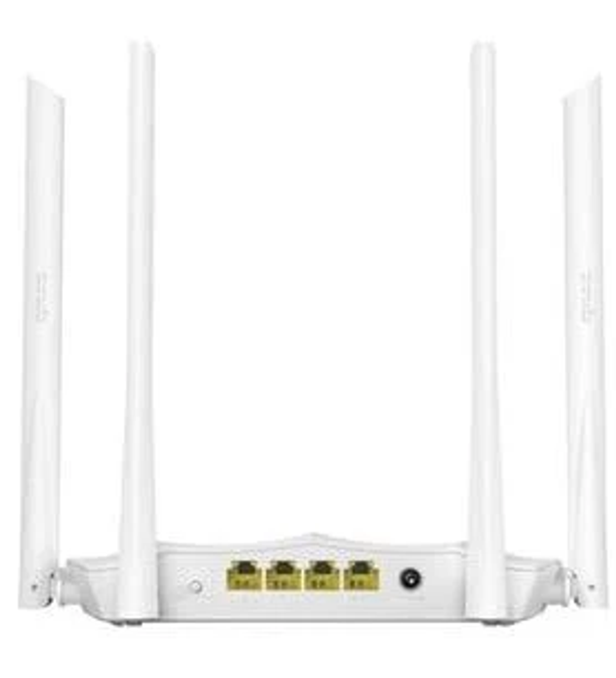 Vista posteriore di un router Wi-Fi bianco con quattro antenne e quattro porte Ethernet su sfondo bianco.