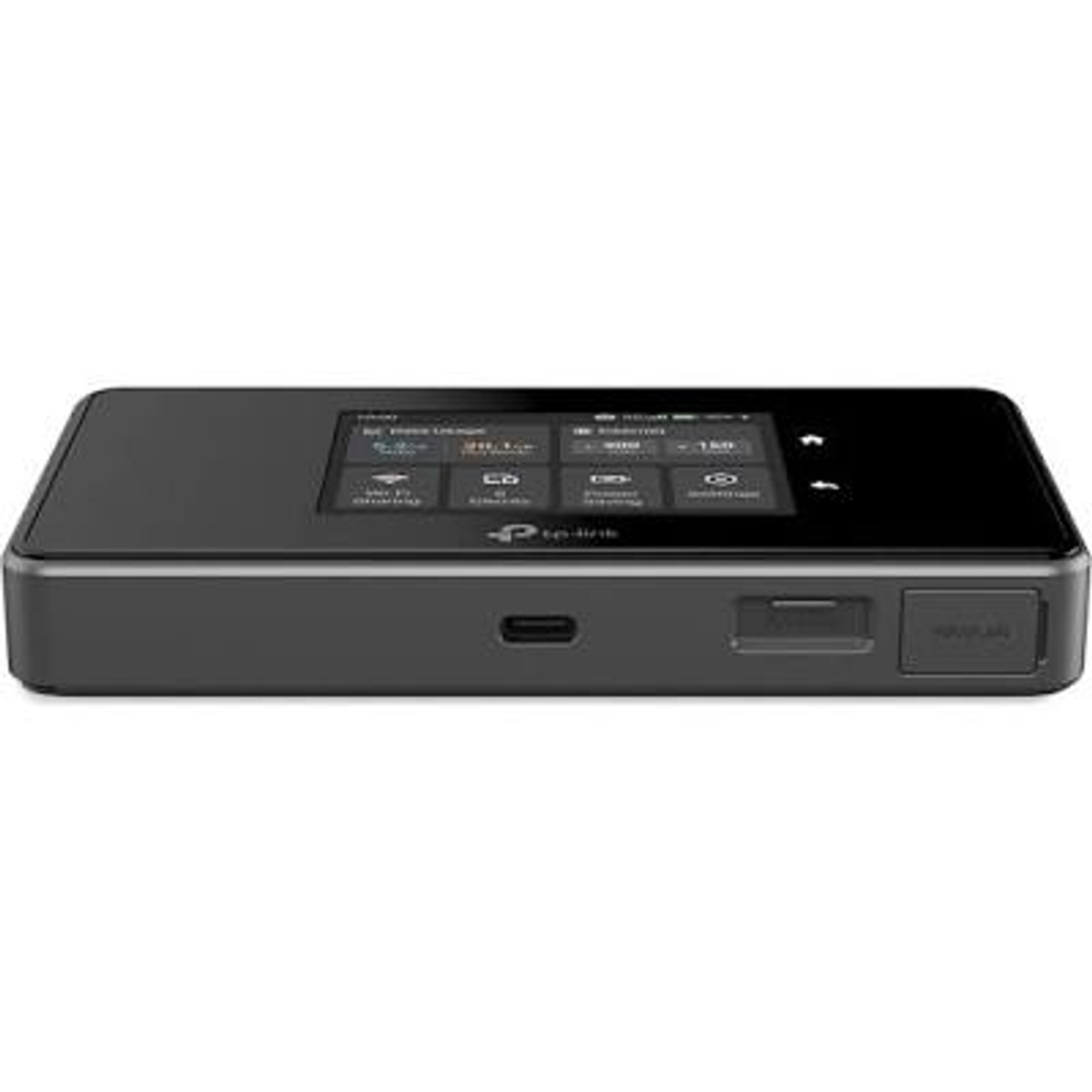 Enrutador Wi-Fi portátil negro con pantalla táctil y puerto USB-C.