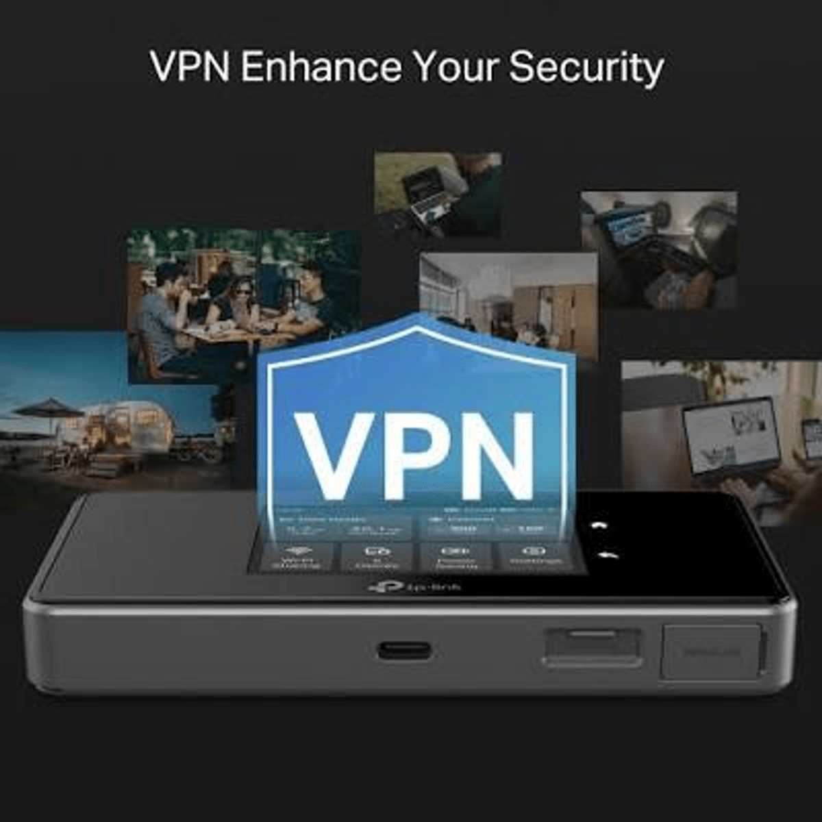 Un dispositivo TP-Link negro con un gráfico de escudo VPN azul brillante y pequeñas imágenes de fondo.