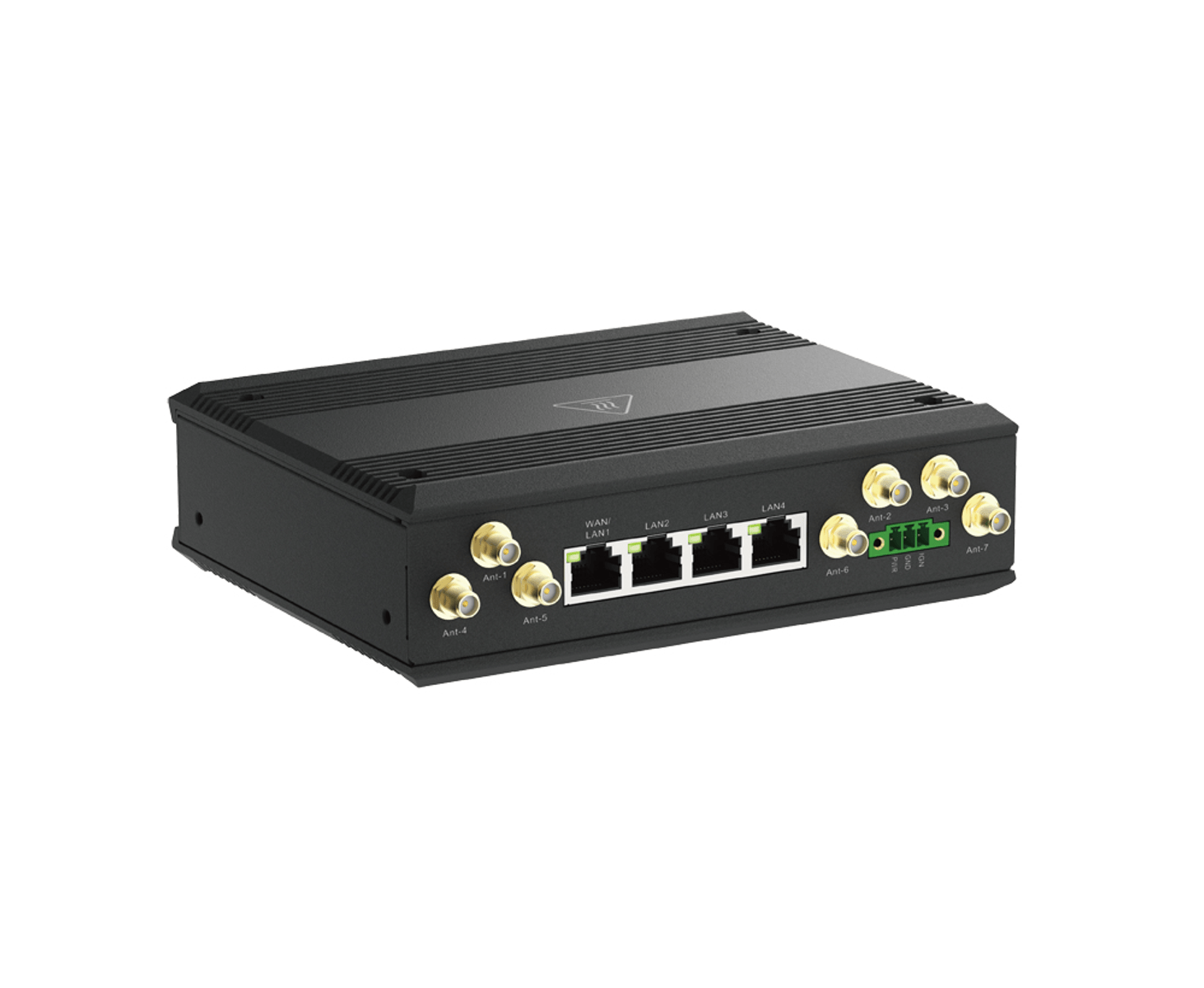 Router di rete industriale nero con porte LAN e connettori per antenna.