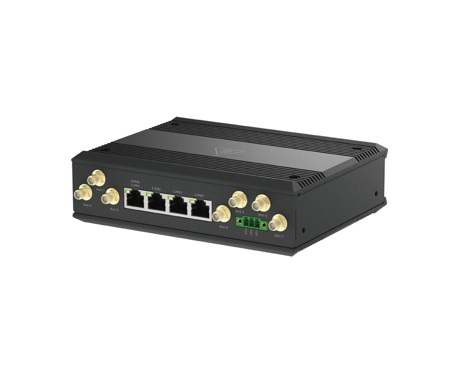 Dispositivo di rete industriale nero con porte Ethernet e connettori per antenna dorati su sfondo bianco.
