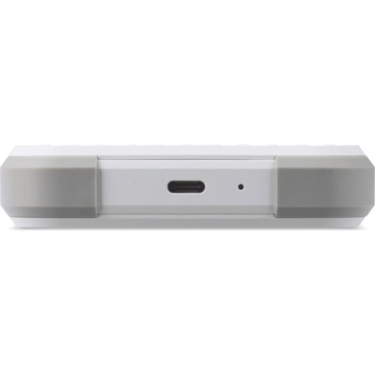 Un dispositivo elettronico bianco con angoli grigi è dotato di una porta USB-C e una piccola luce LED.