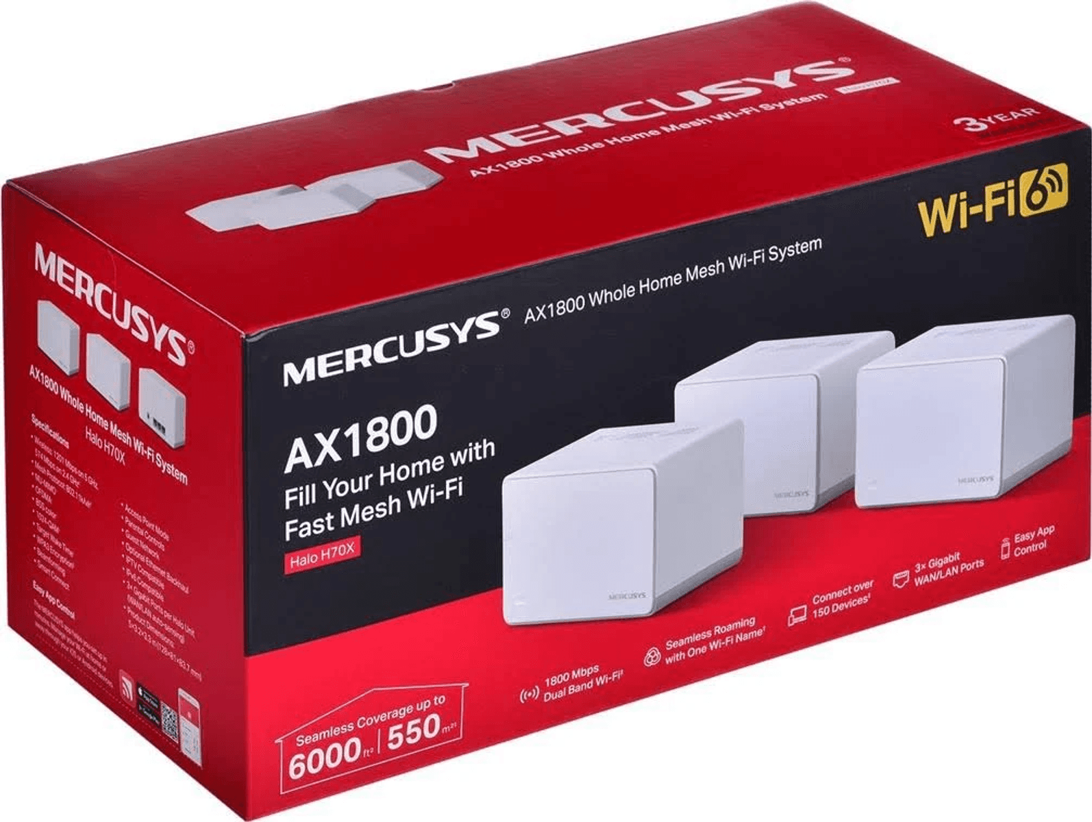 Üç beyaz cihazın göründüğü kırmızı ve siyah Mercusys AX1800 Mesh Wi-Fi sistemi kutusu.