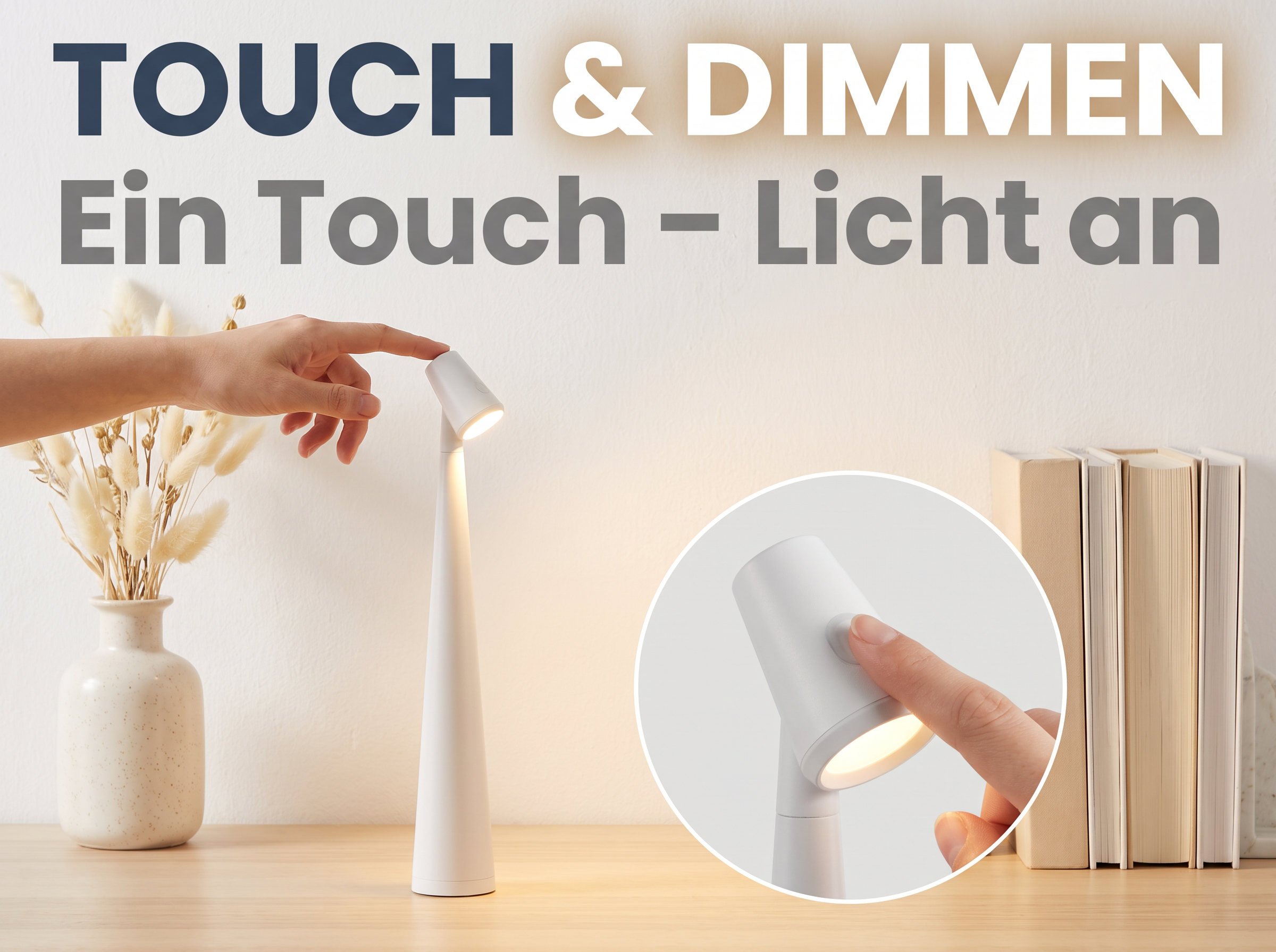 Eine Hand berührt eine weiße Tischlampe auf einem Holztisch, daneben Bücher und Blumen.