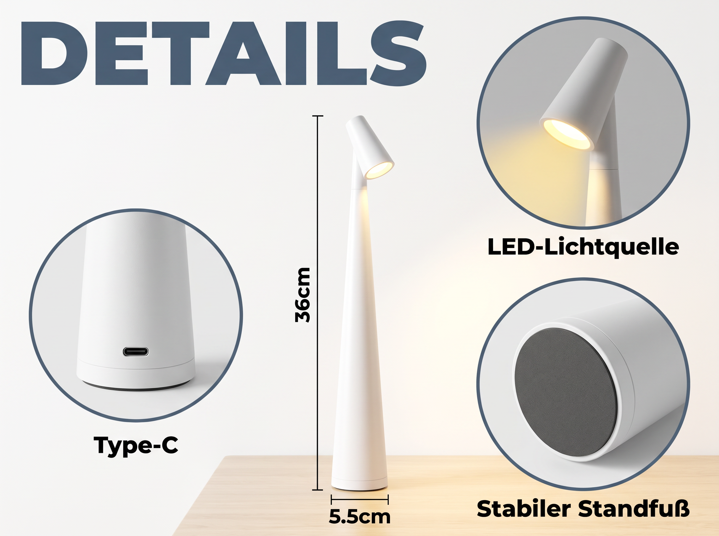 Technische Details einer schlanken, weißen LED-Tischlampe mit USB-C-Anschluss und stabilen Maßen.