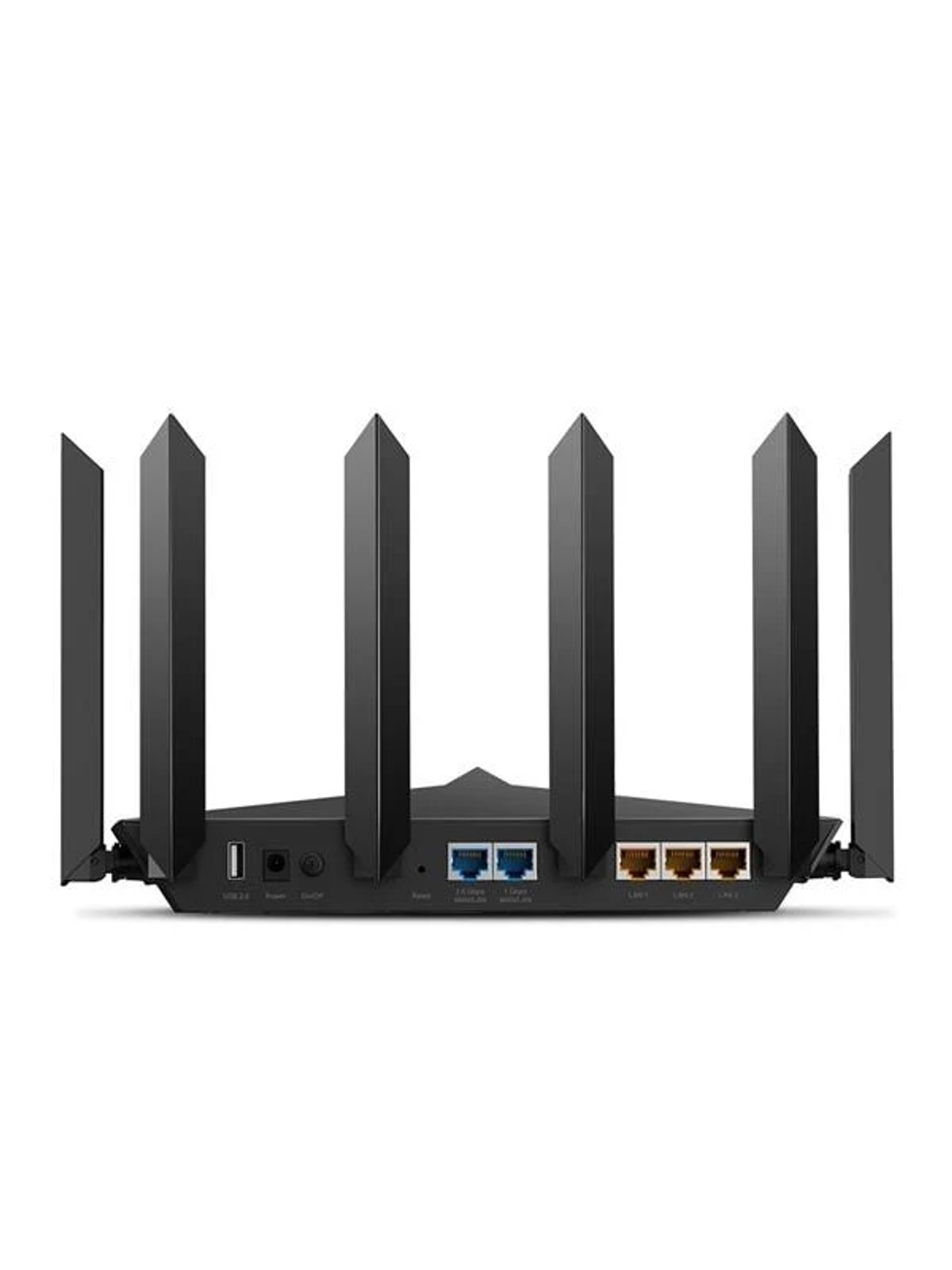 Vista trasera de un router wifi negro con seis antenas verticales y varios puertos sobre fondo blanco.