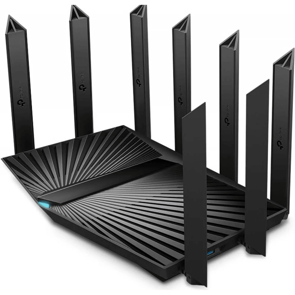 Un router Wi-Fi negro de TP-Link con ocho antenas verticales y superficie superior texturizada sobre fondo blanco.