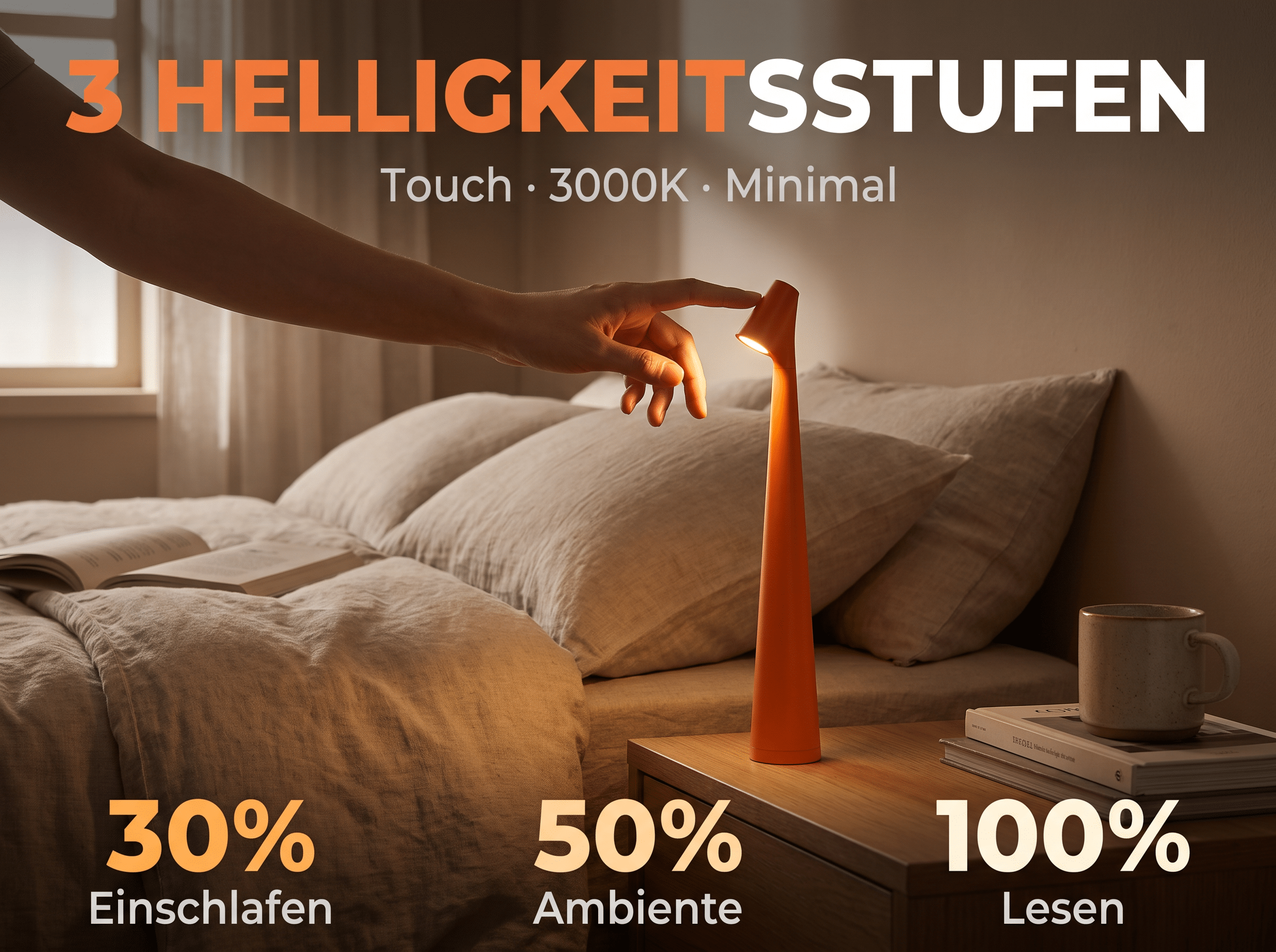 Hand berührt kleine orangene Nachttischlampe im Schlafzimmer mit Texten zu Helligkeitsstufen.