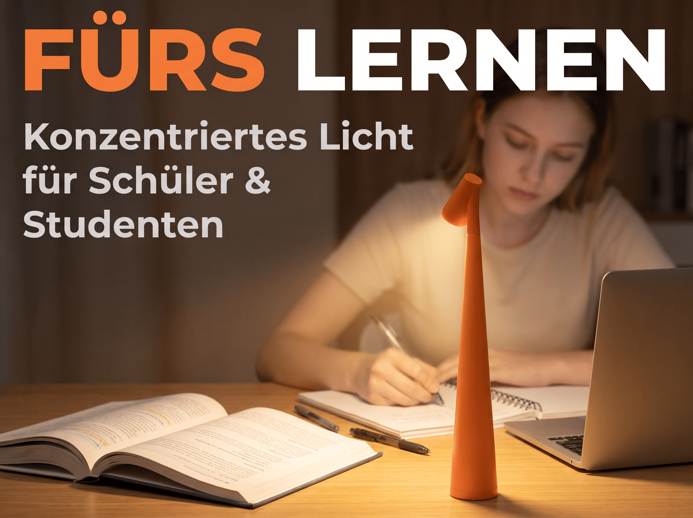 Eine orangene Schreibtischlampe leuchtet auf einem Holztisch, an dem eine Schülerin lernt.