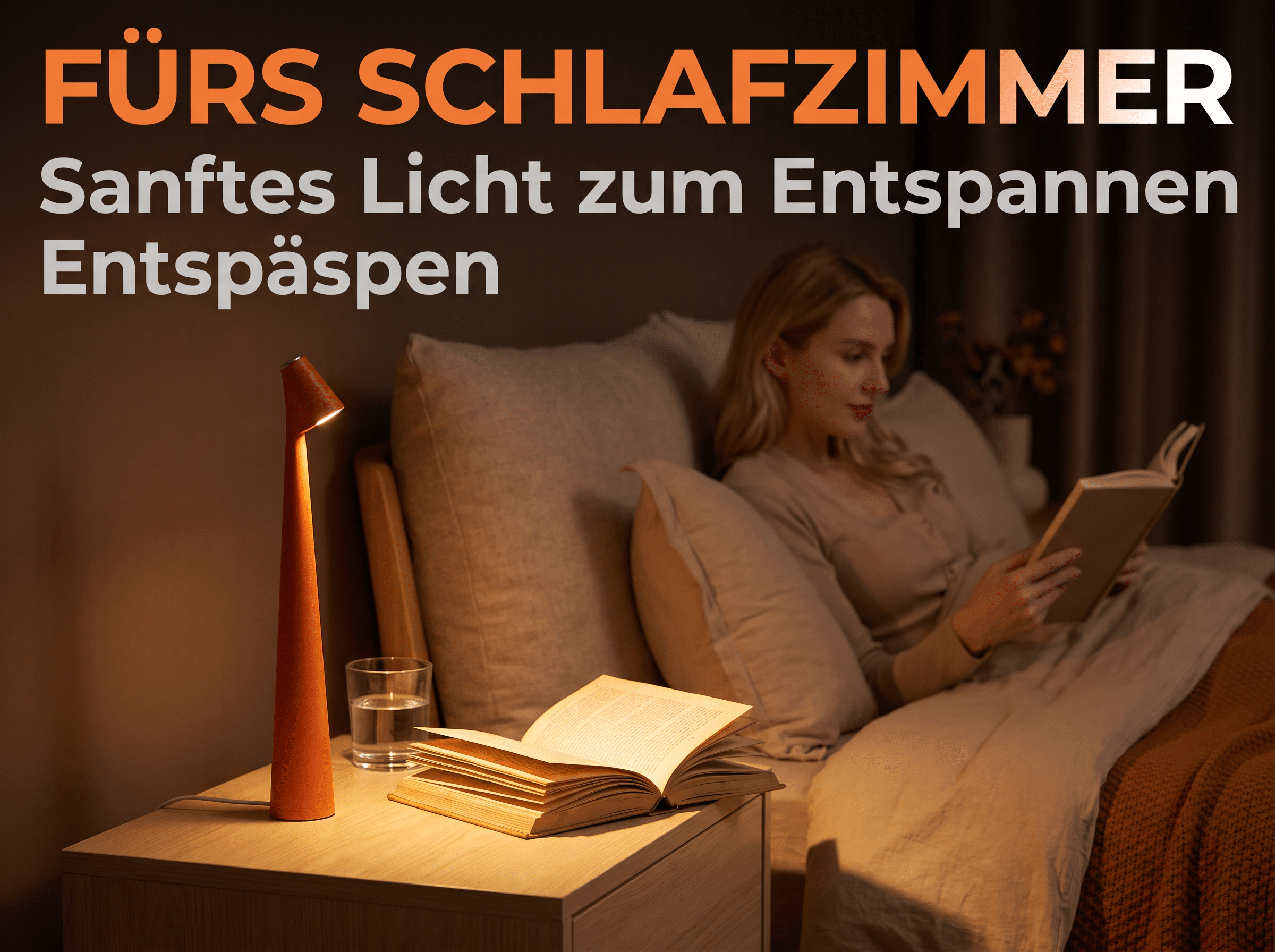Eine Frau liest im Bett neben einer leuchtenden Orangen Lampe und einem offenen Buch.