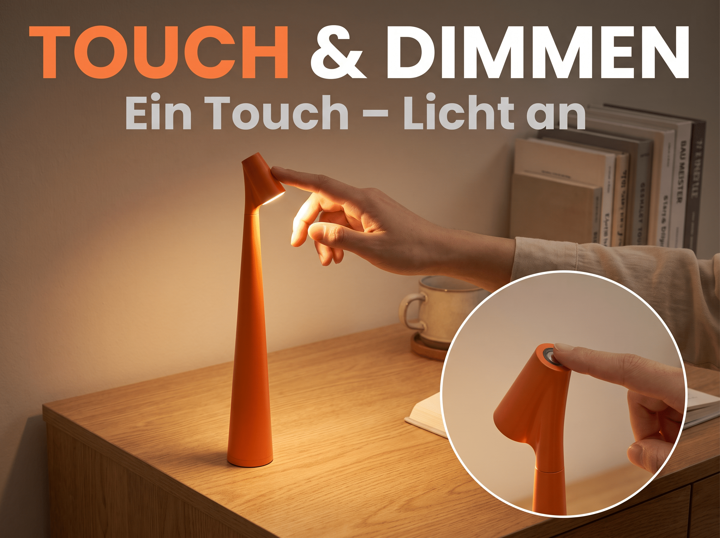 Eine Hand berührt eine orange Schreibtischlampe auf einem Holztisch mit Text oben.