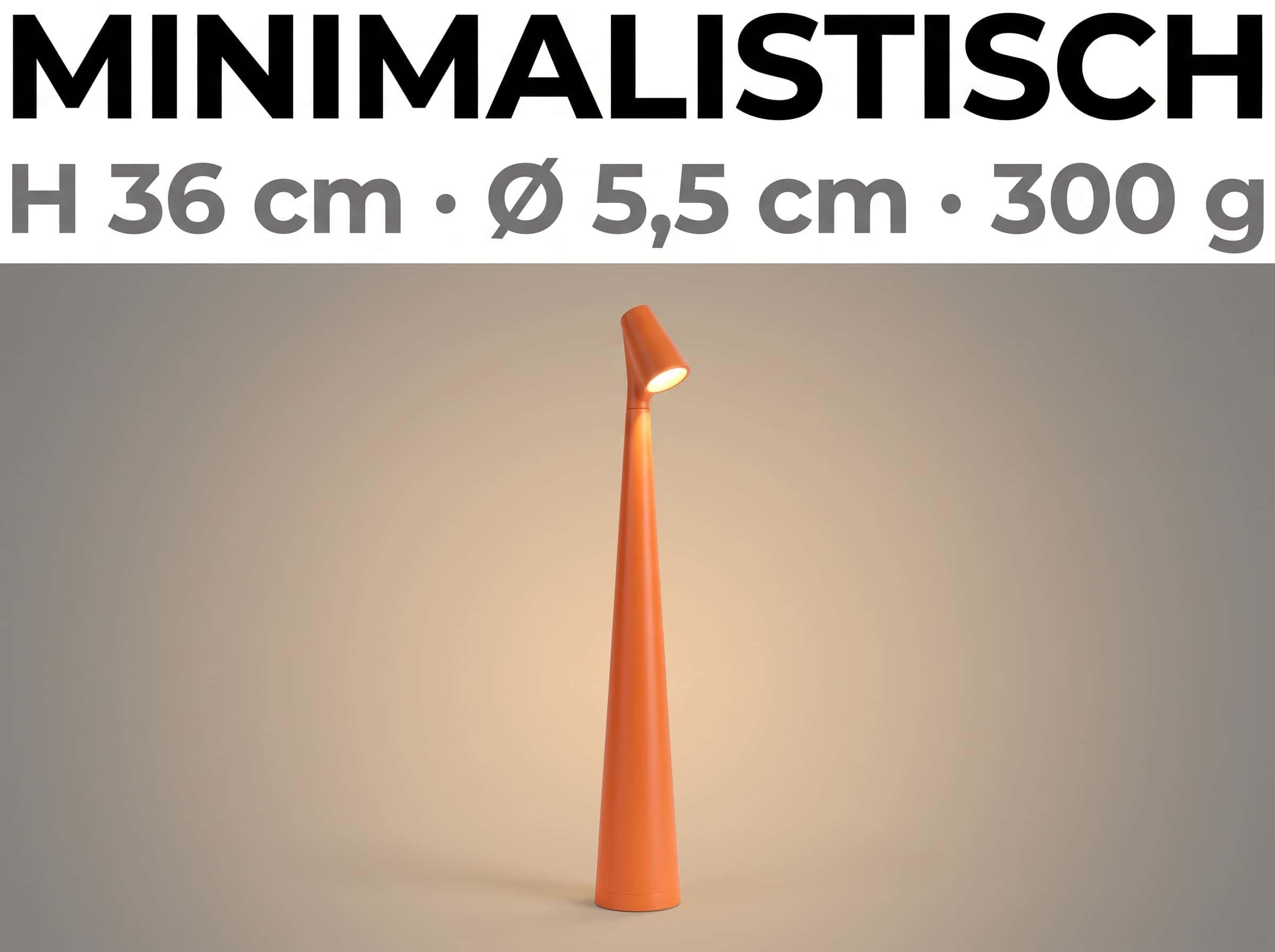 Eine schlanke, orangefarbene Tischleuchte vor grauem Hintergrund mit Textdetails.