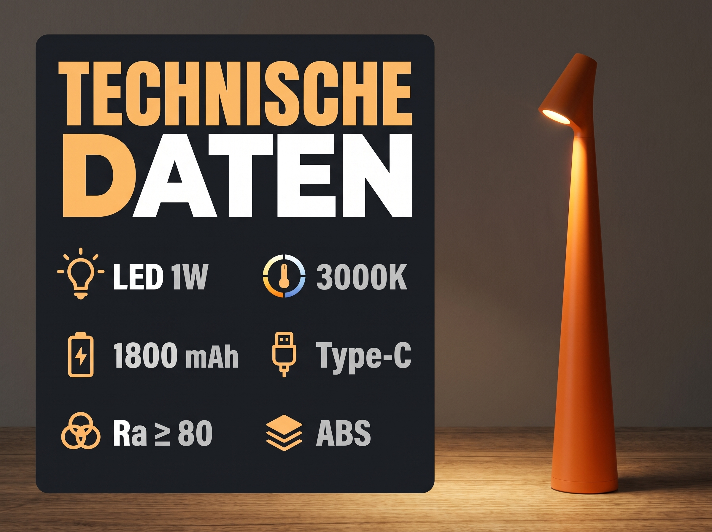 Technische Daten einer Lampe mit LED, 1800 mAh Akku, Typ-C und ABS-Material neben einer orangefarbenen Stehlampe.