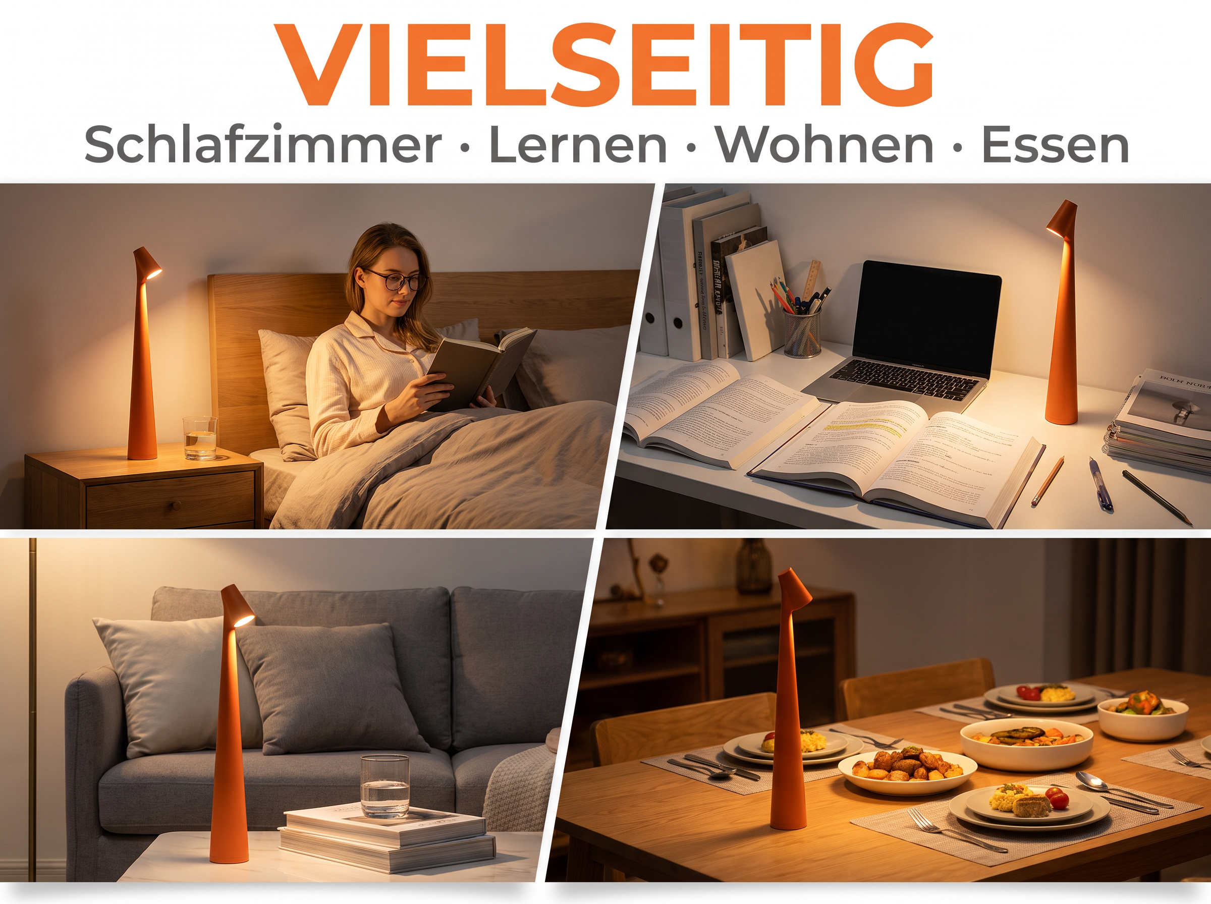 Vier Bilder zeigen eine orange Stablampe in Schlafzimmer, Arbeitszimmer, Wohnzimmer und Esszimmer.